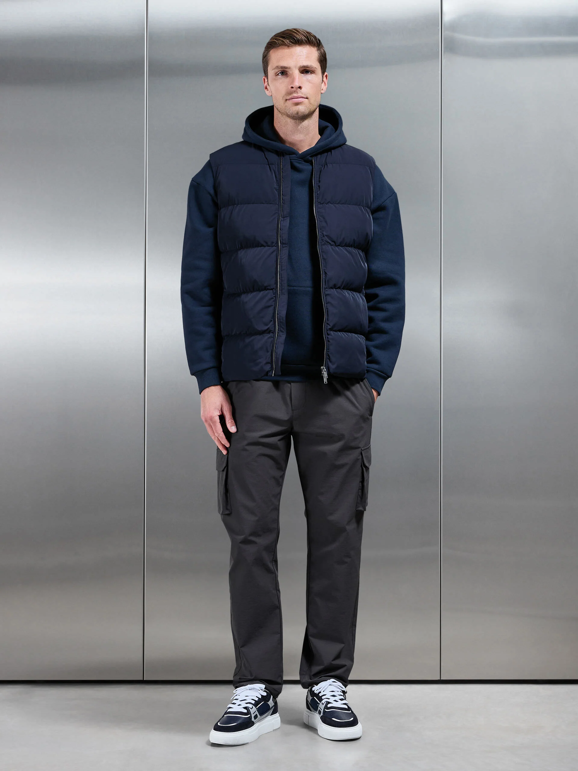 Quilted Bomber Gilet in Navy - Image 3