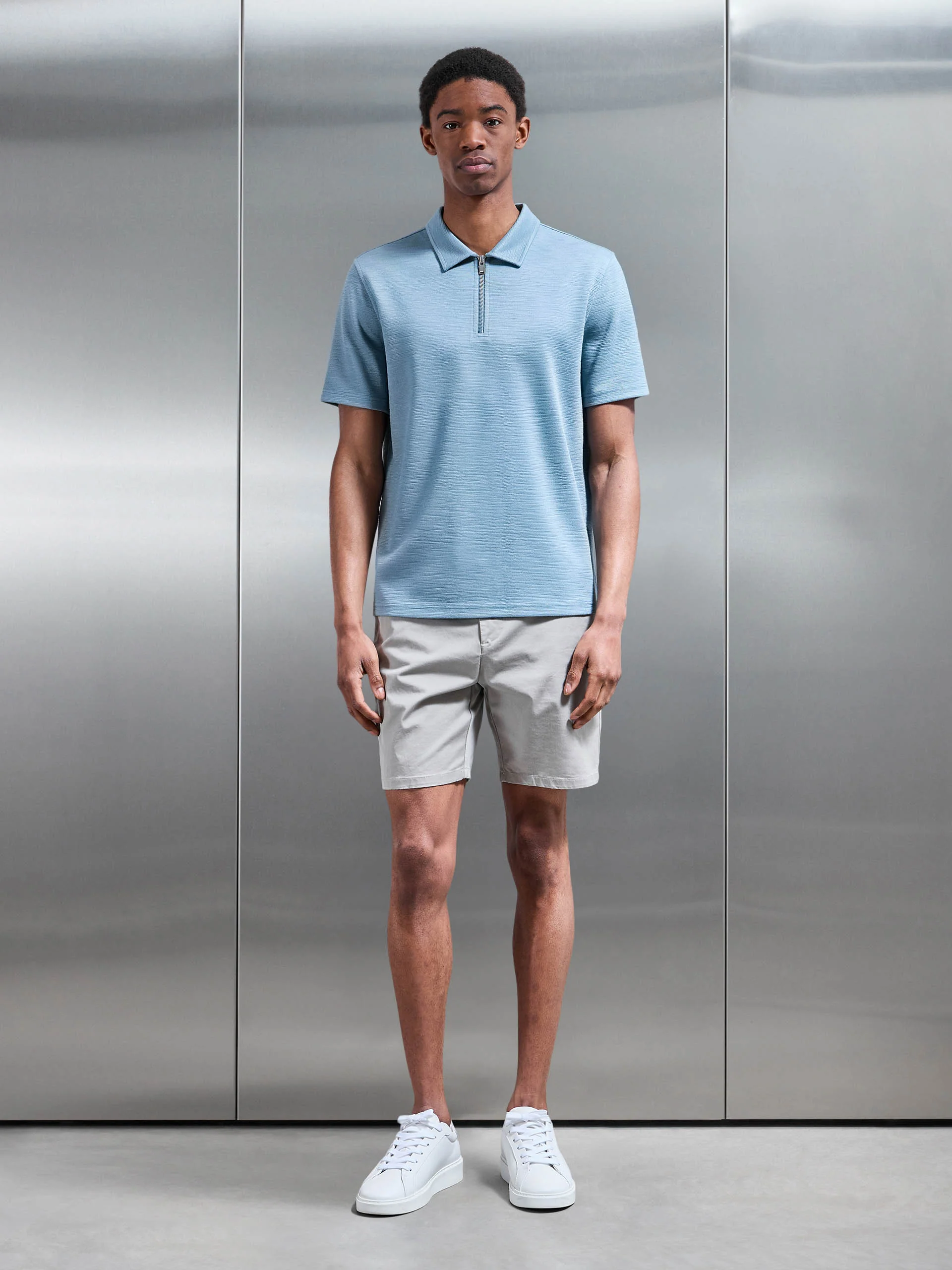 Quinta Textured Zip Polo Shirt in Aqua Blue - Image 2