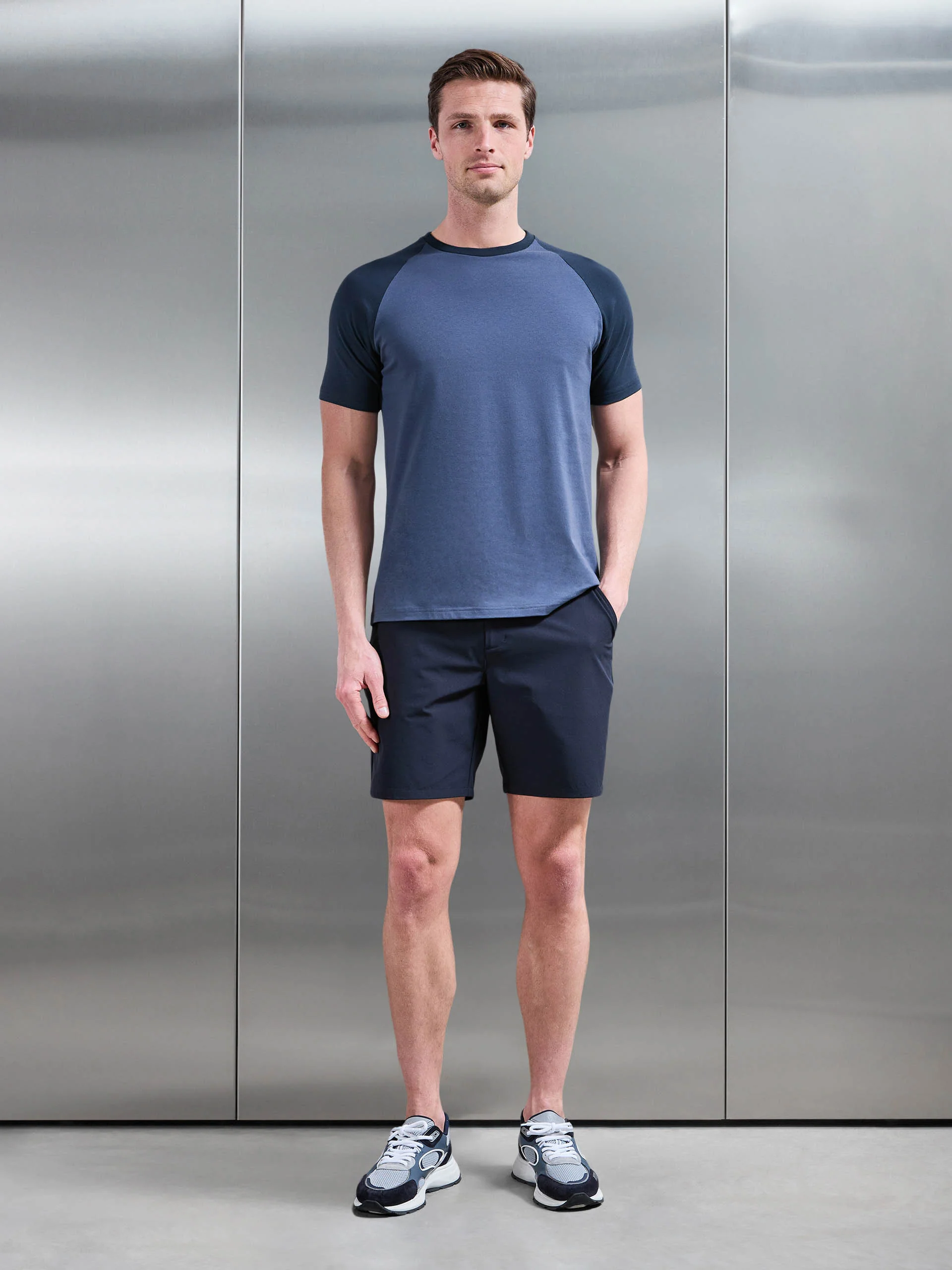 Raglan Slim Fit Stretch Cotton T-Shirt in Steel Blue Navy - Image 2