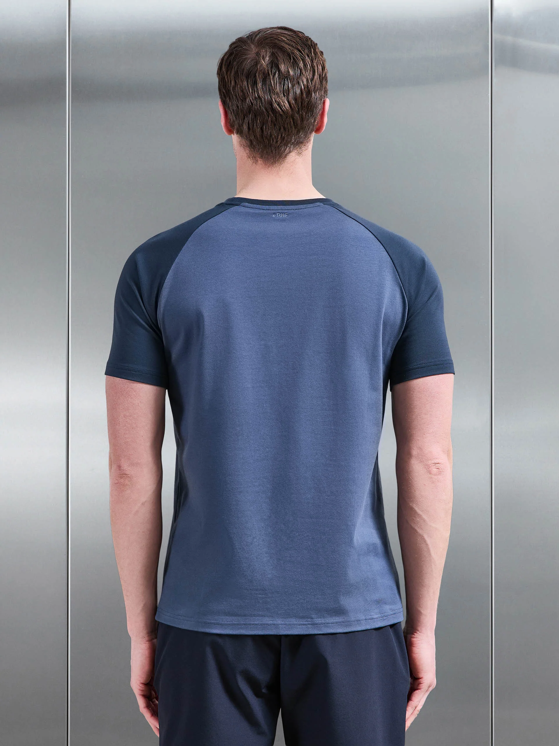 Raglan Slim Fit Stretch Cotton T-Shirt in Steel Blue Navy - Image 3