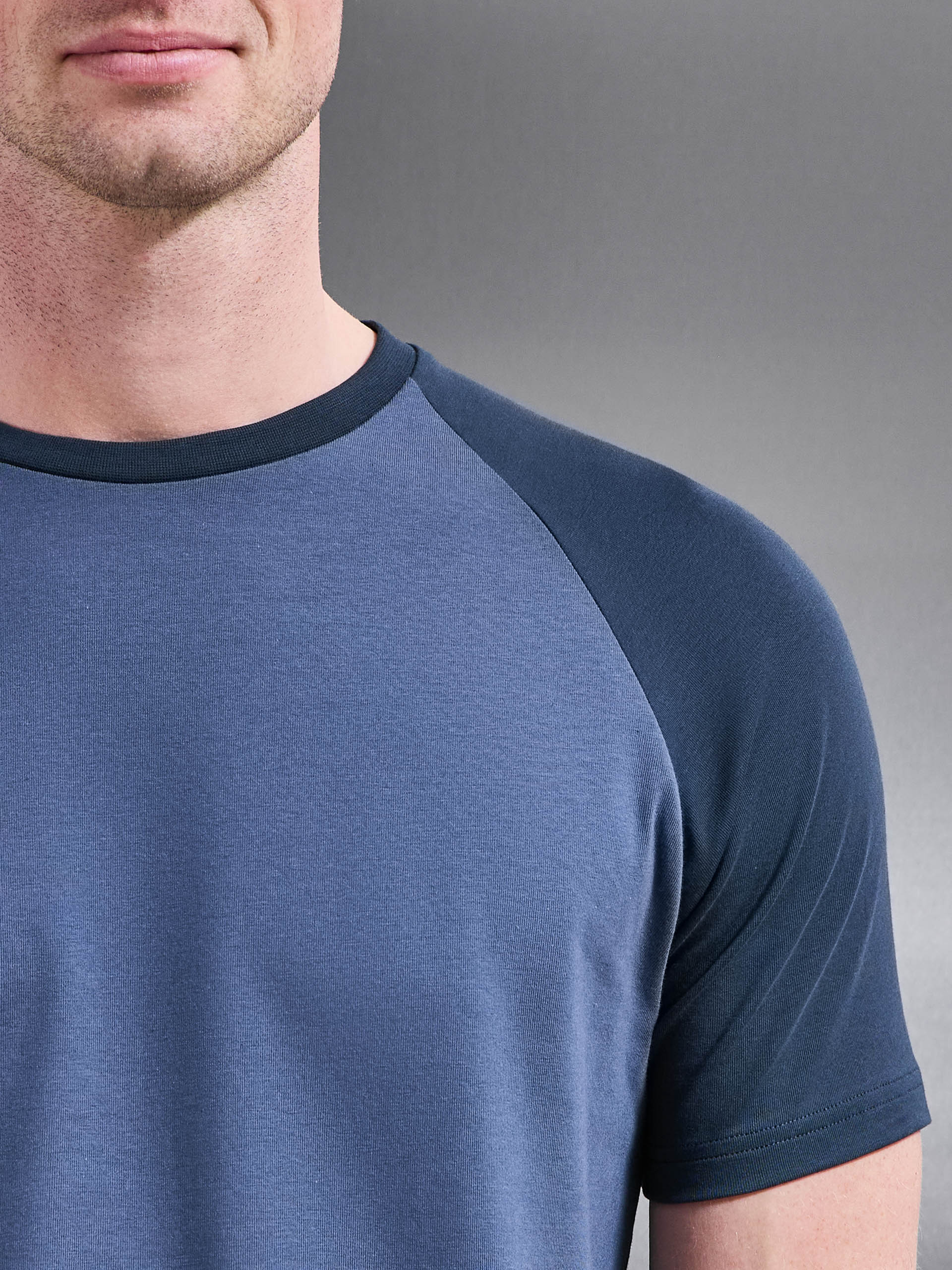 Raglan Slim Fit Stretch Cotton T-Shirt in Steel Blue Navy - Image 4