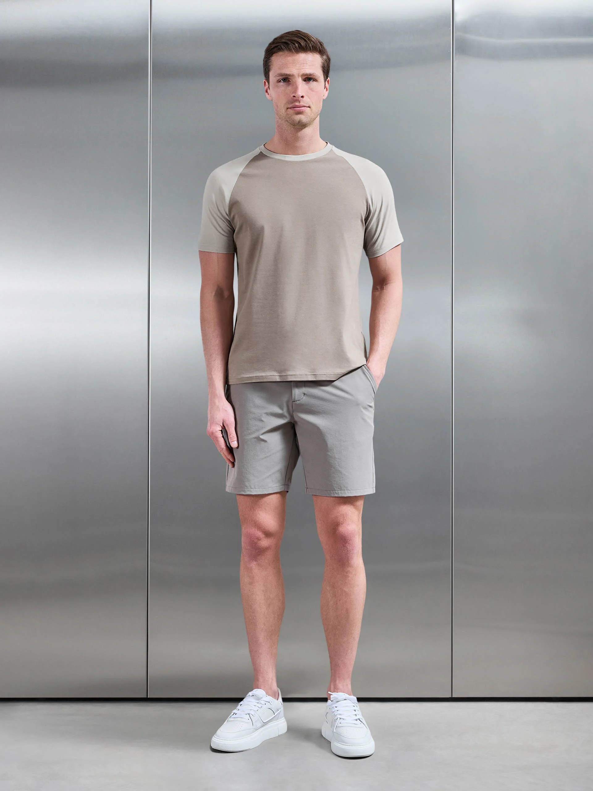 Raglan Slim Fit Stretch Cotton T-Shirt in Taupe Stone - Image 2