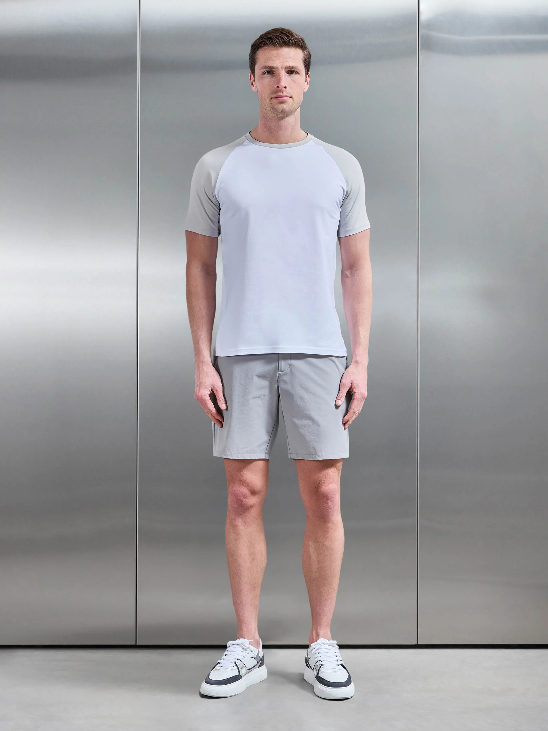 Raglan Slim Fit Stretch Cotton T-Shirt in White Mid Grey - Image 2