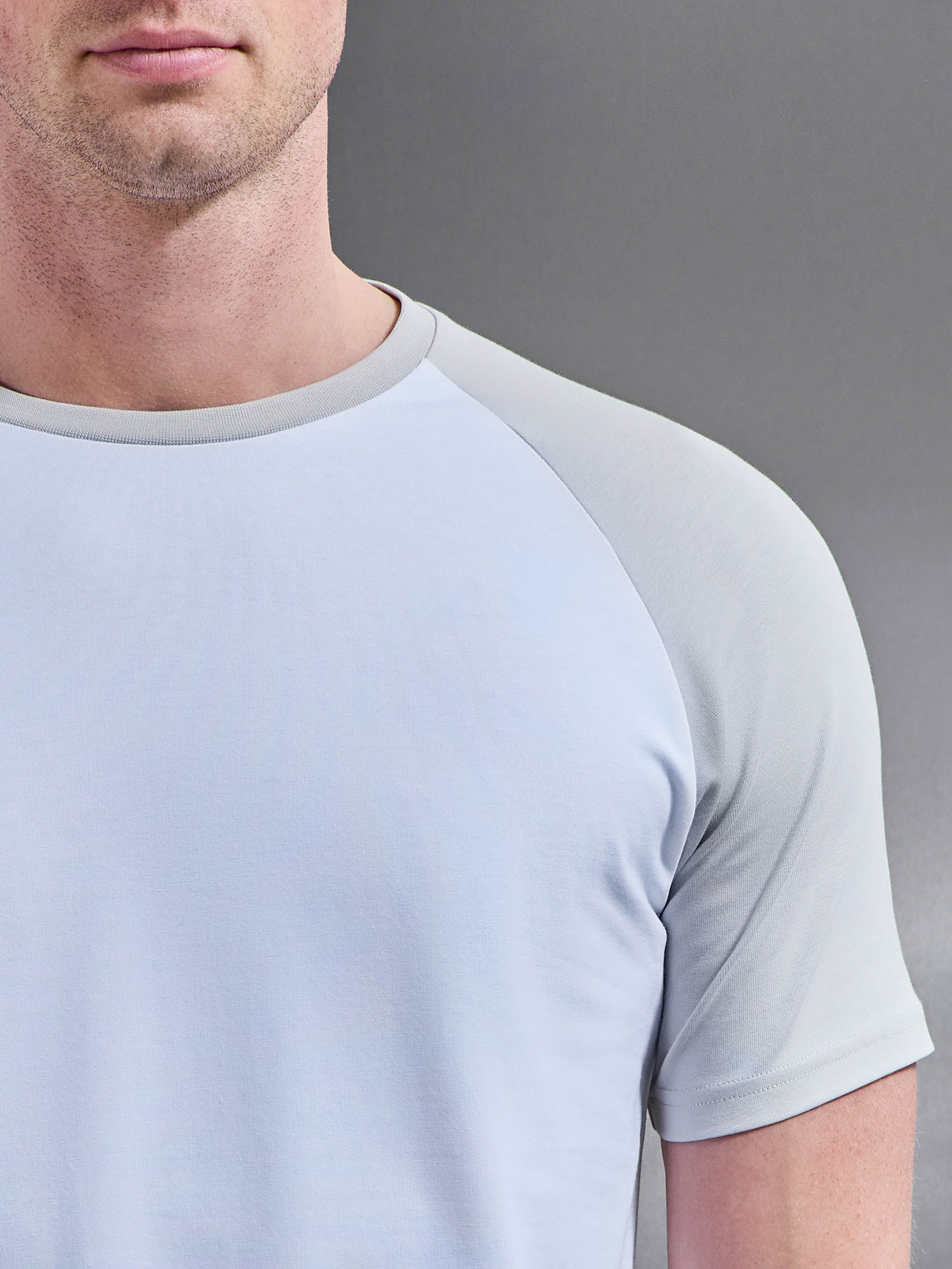 Raglan Slim Fit Stretch Cotton T-Shirt in White Mid Grey - Image 4