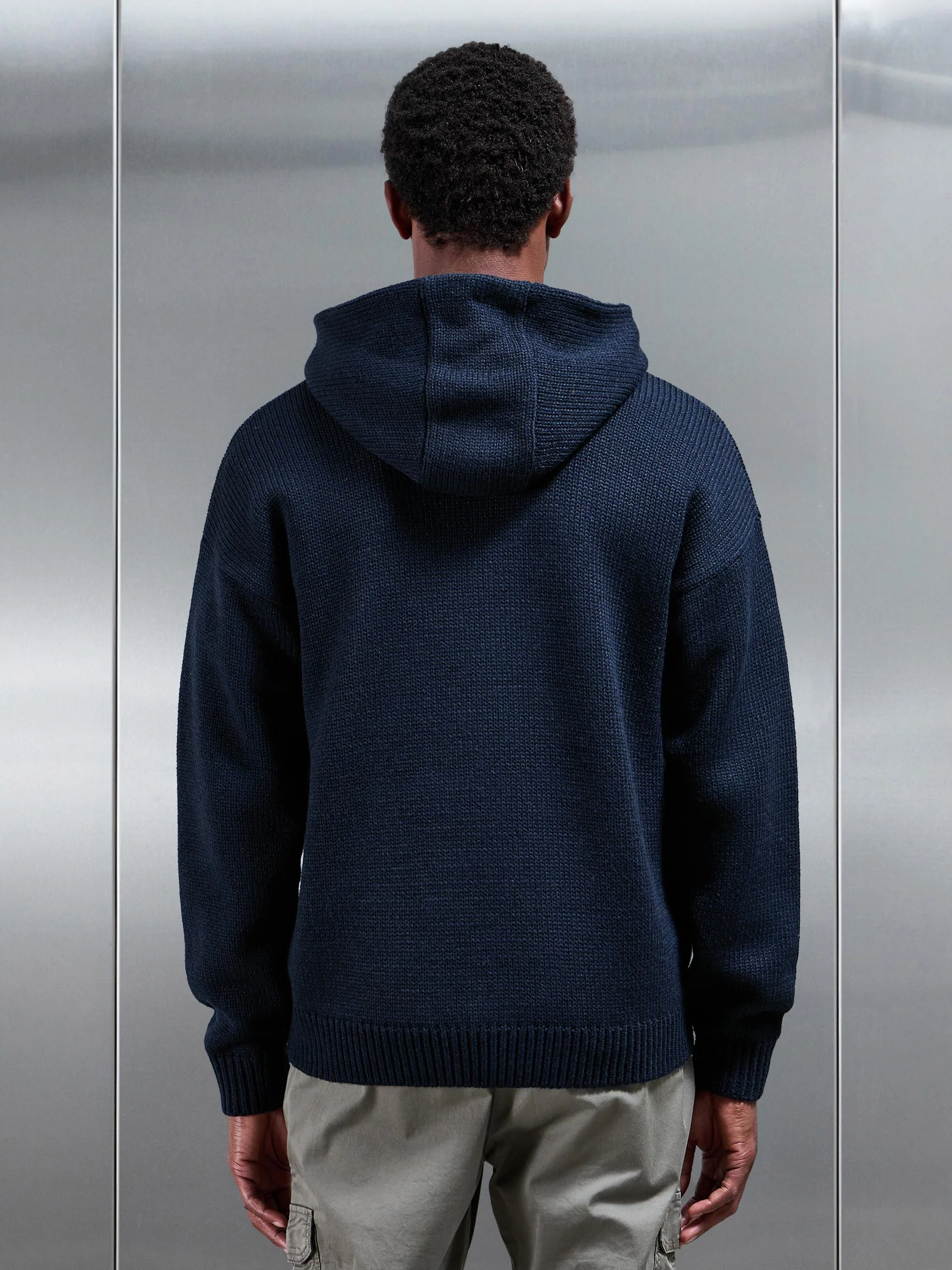 Relaxed Fit Chunky Knitted Hoodie in Navy - Image 3