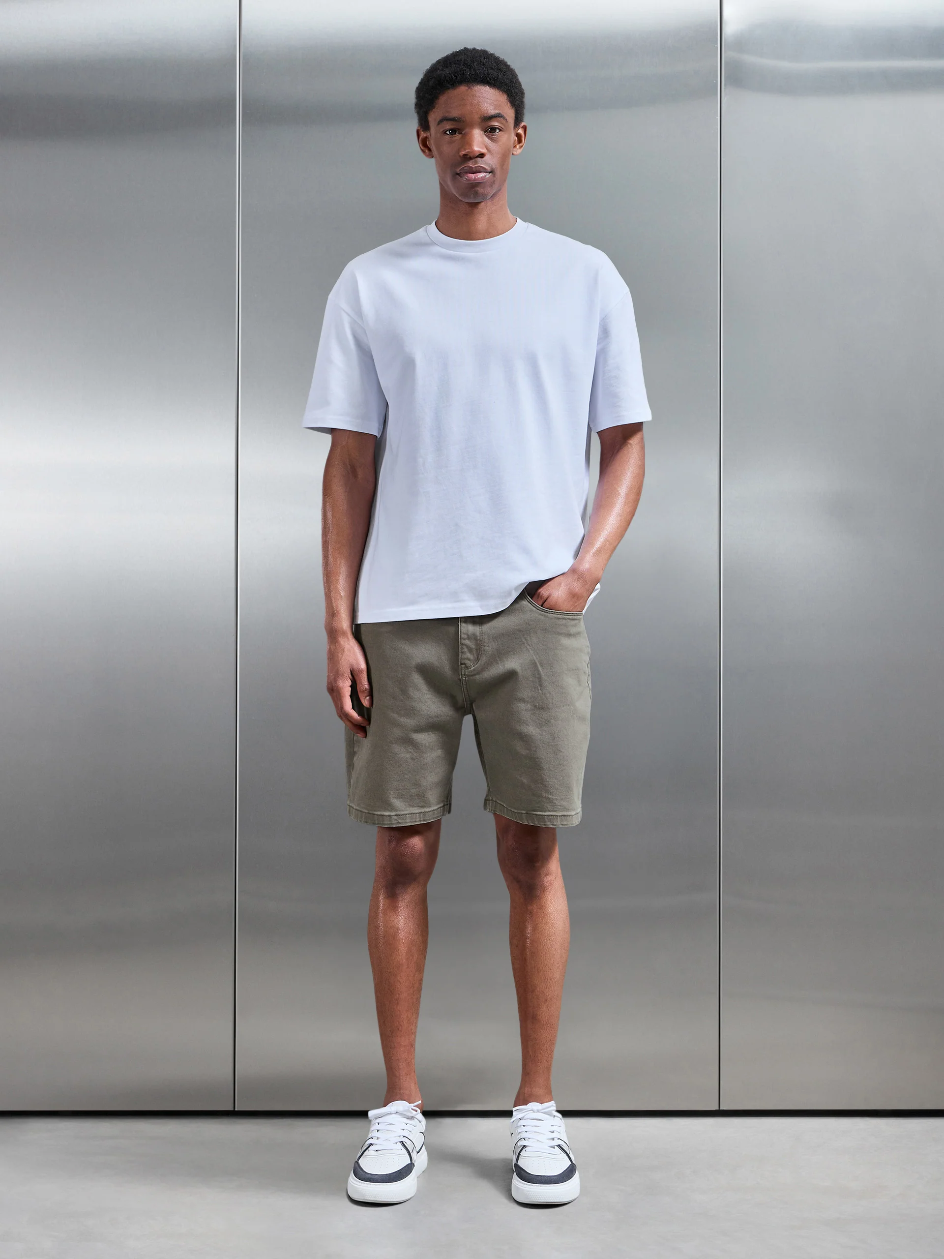 Relaxed Fit Denim Short in Olive - Image 2
