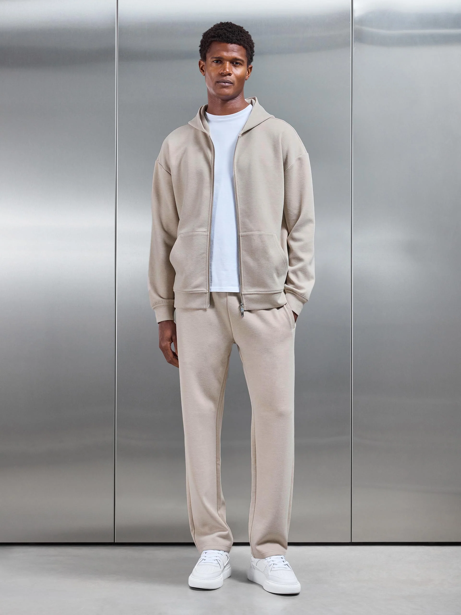 Relaxed Fit Knitted Zip Through Hoodie in Beige - Image 2