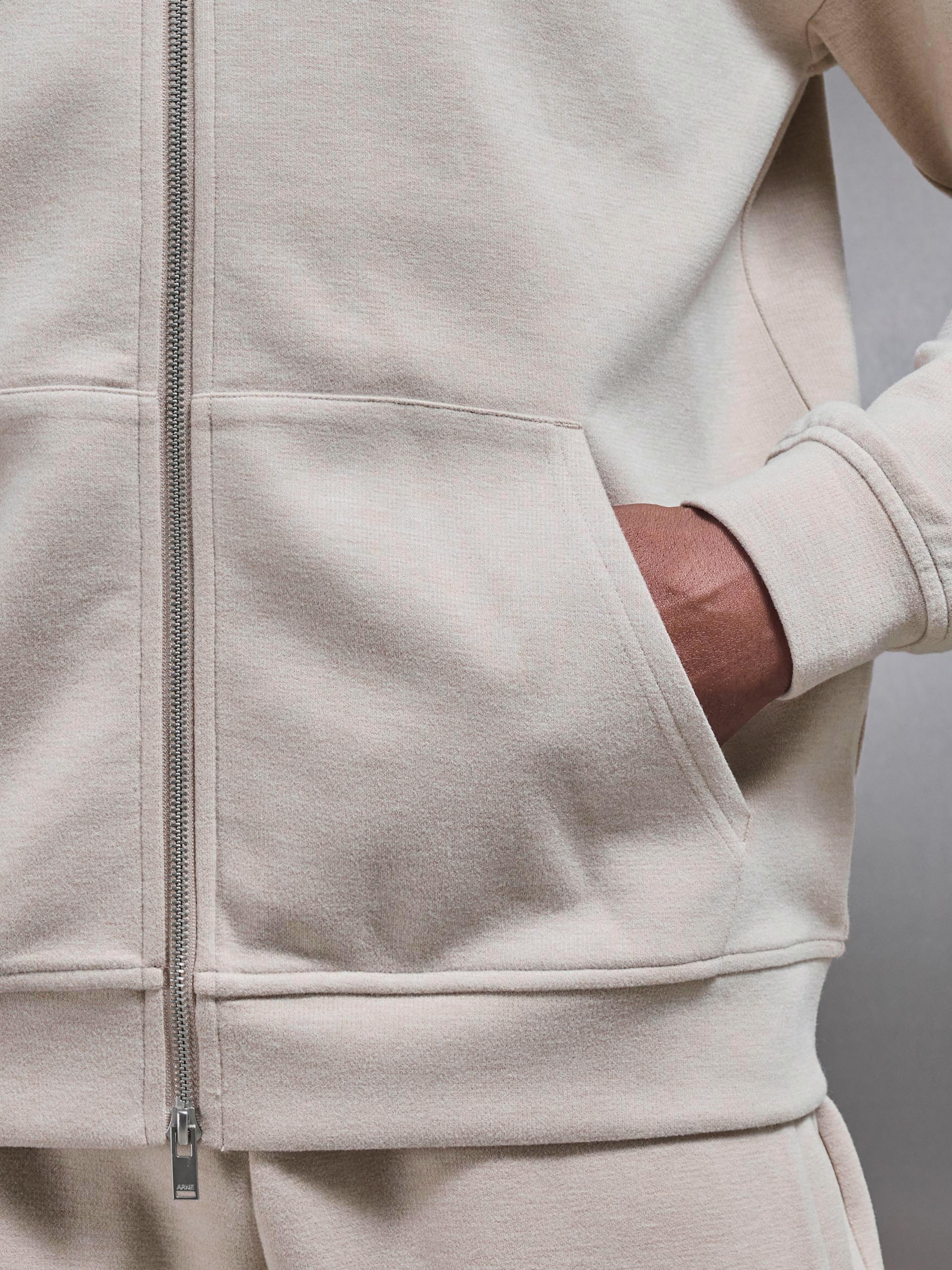 Relaxed Fit Knitted Zip Through Hoodie in Beige - Image 5