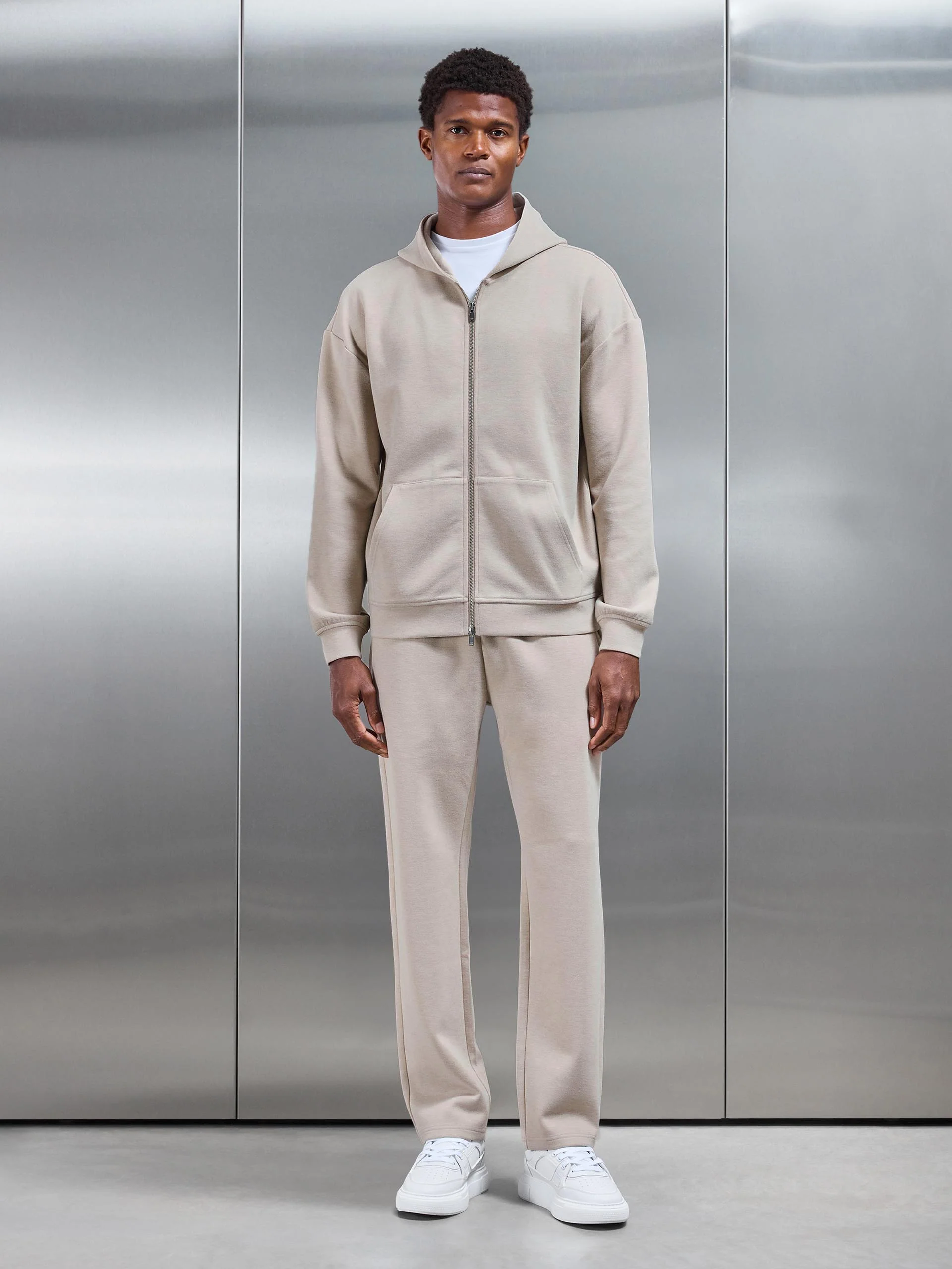 Relaxed Fit Knitted Zip Through Hoodie in Beige - Image 6