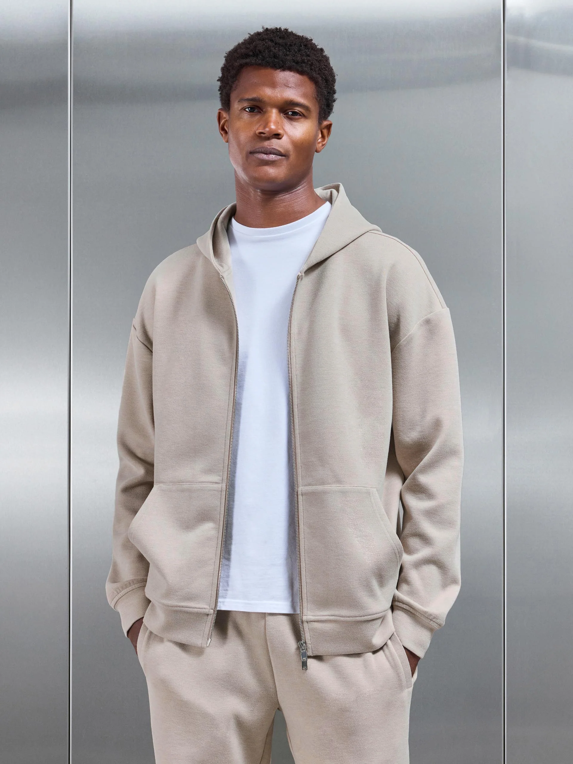 Relaxed Fit Knitted Zip Through Hoodie in Beige - Image 7