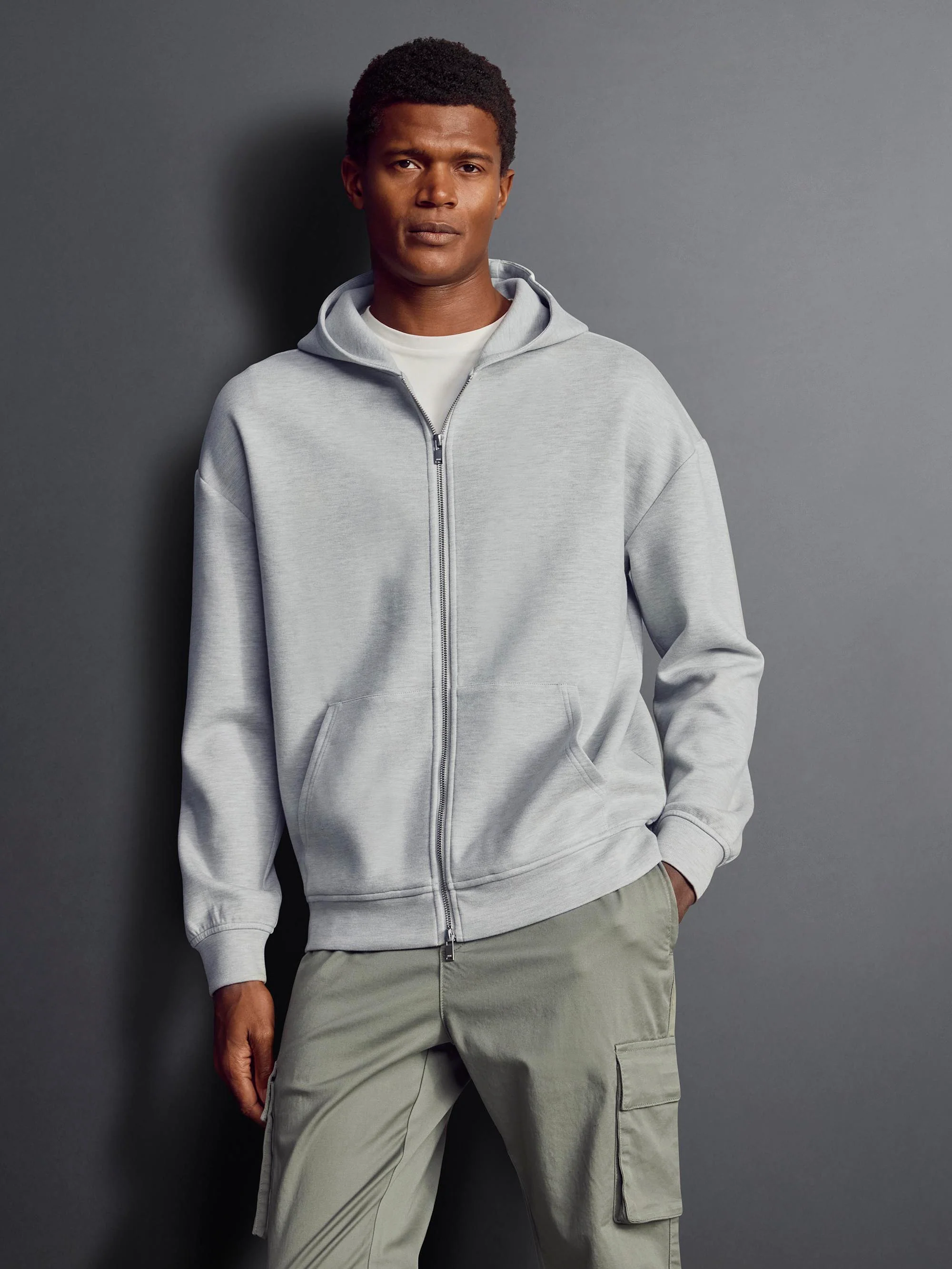 Relaxed Fit Knitted Zip Through Hoodie in Marl Grey - Image 2
