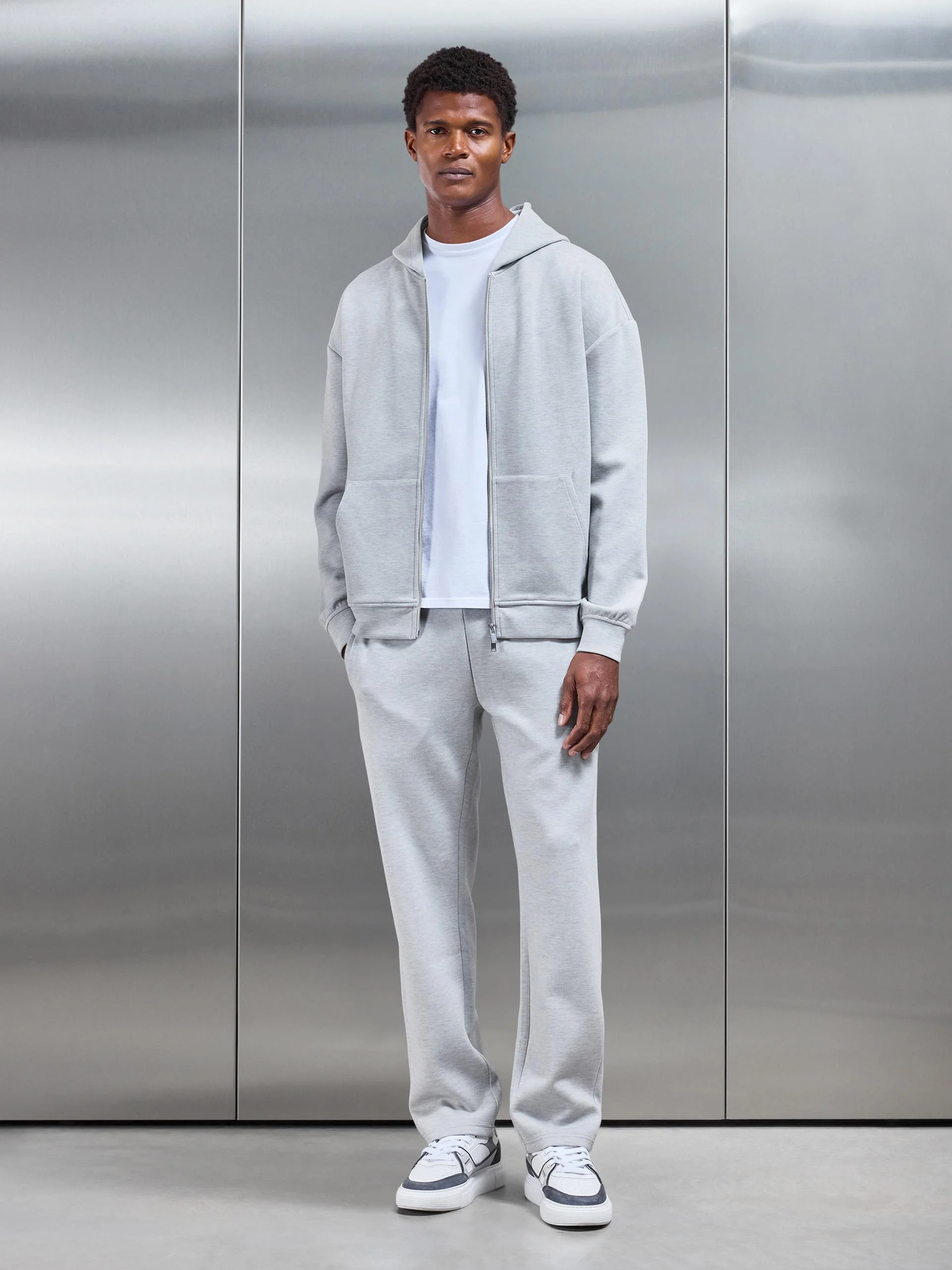 Relaxed Fit Knitted Zip Through Hoodie in Marl Grey - Image 3