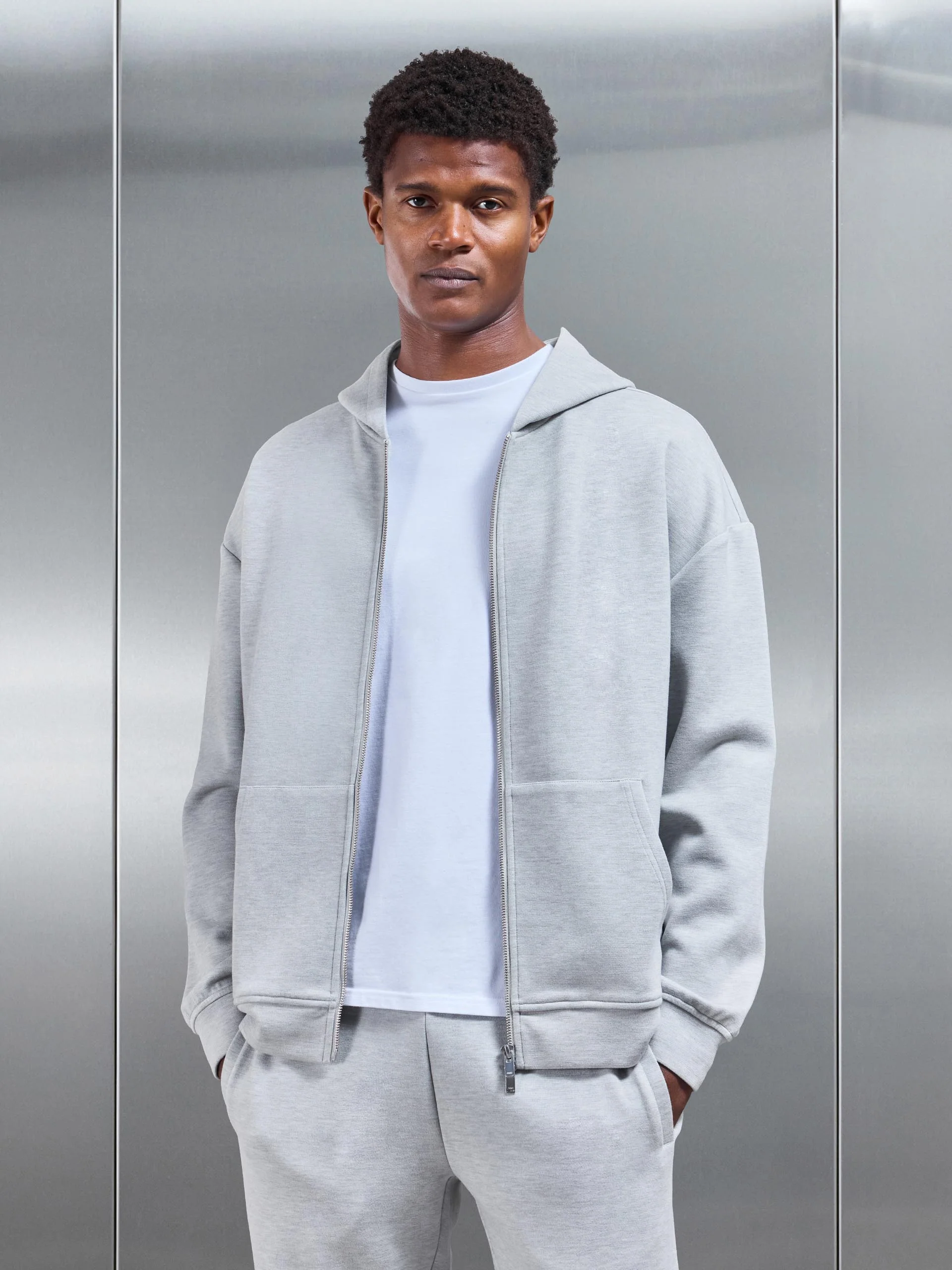 Relaxed Fit Knitted Zip Through Hoodie in Marl Grey - Image 8