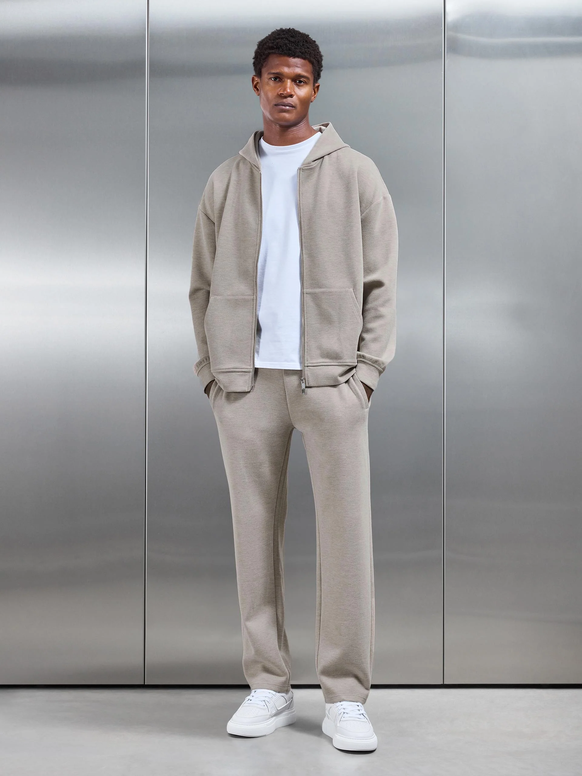 Relaxed Fit Knitted Zip Through Hoodie in Stone - Image 2