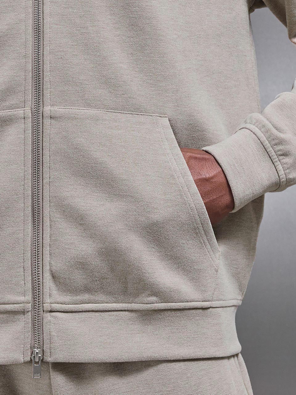 Relaxed Fit Knitted Zip Through Hoodie in Stone - Image 5