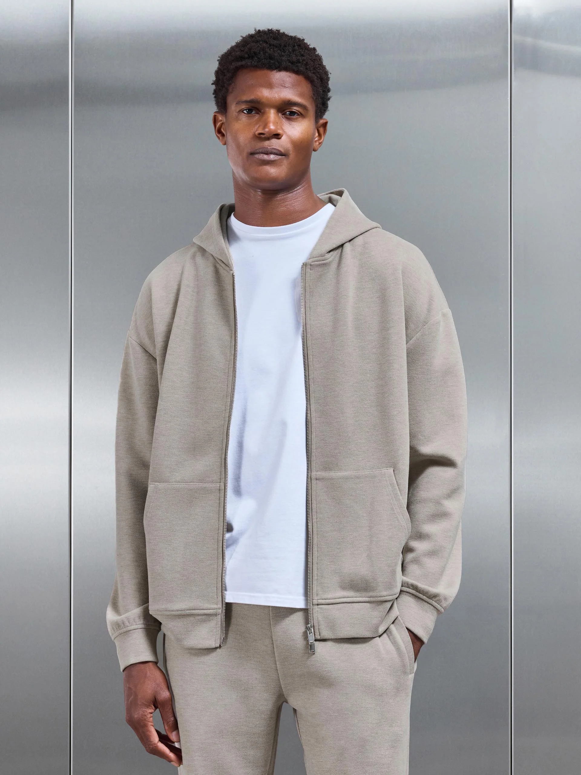 Relaxed Fit Knitted Zip Through Hoodie in Stone - Image 6