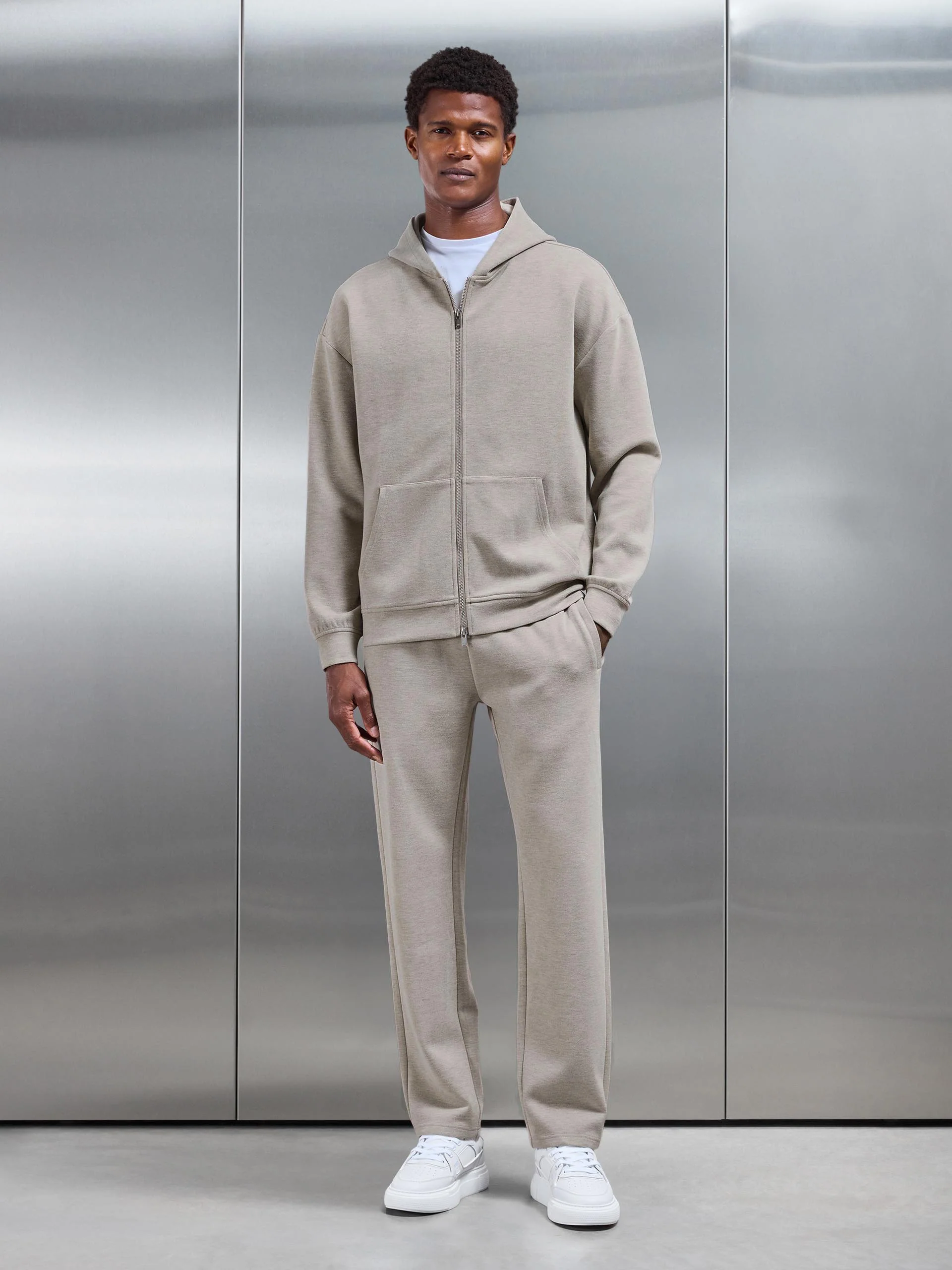 Relaxed Fit Knitted Zip Through Hoodie in Stone - Image 7