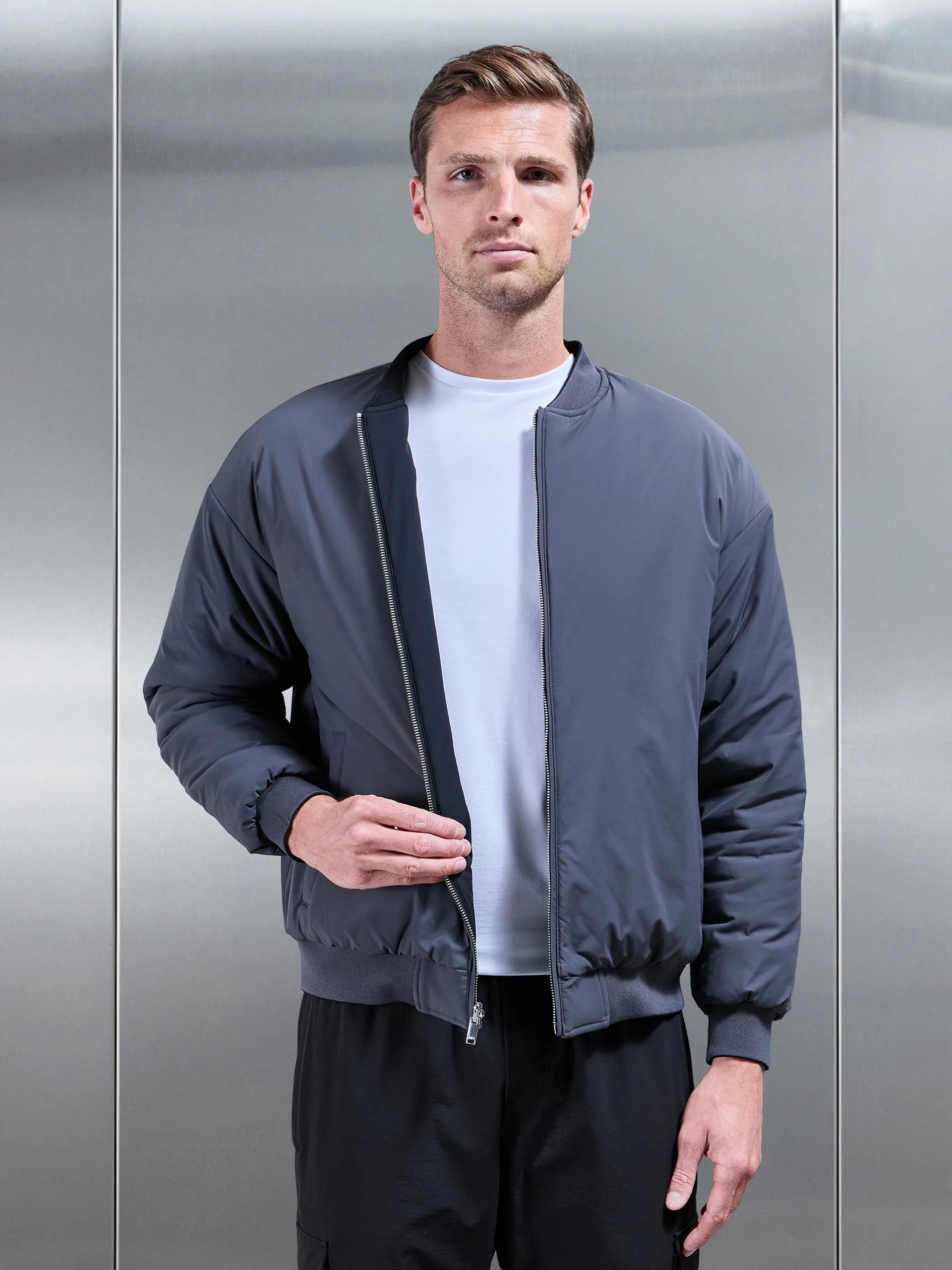 Relaxed Padded Reversible Bomber Jacket in Black Grey - Image 10