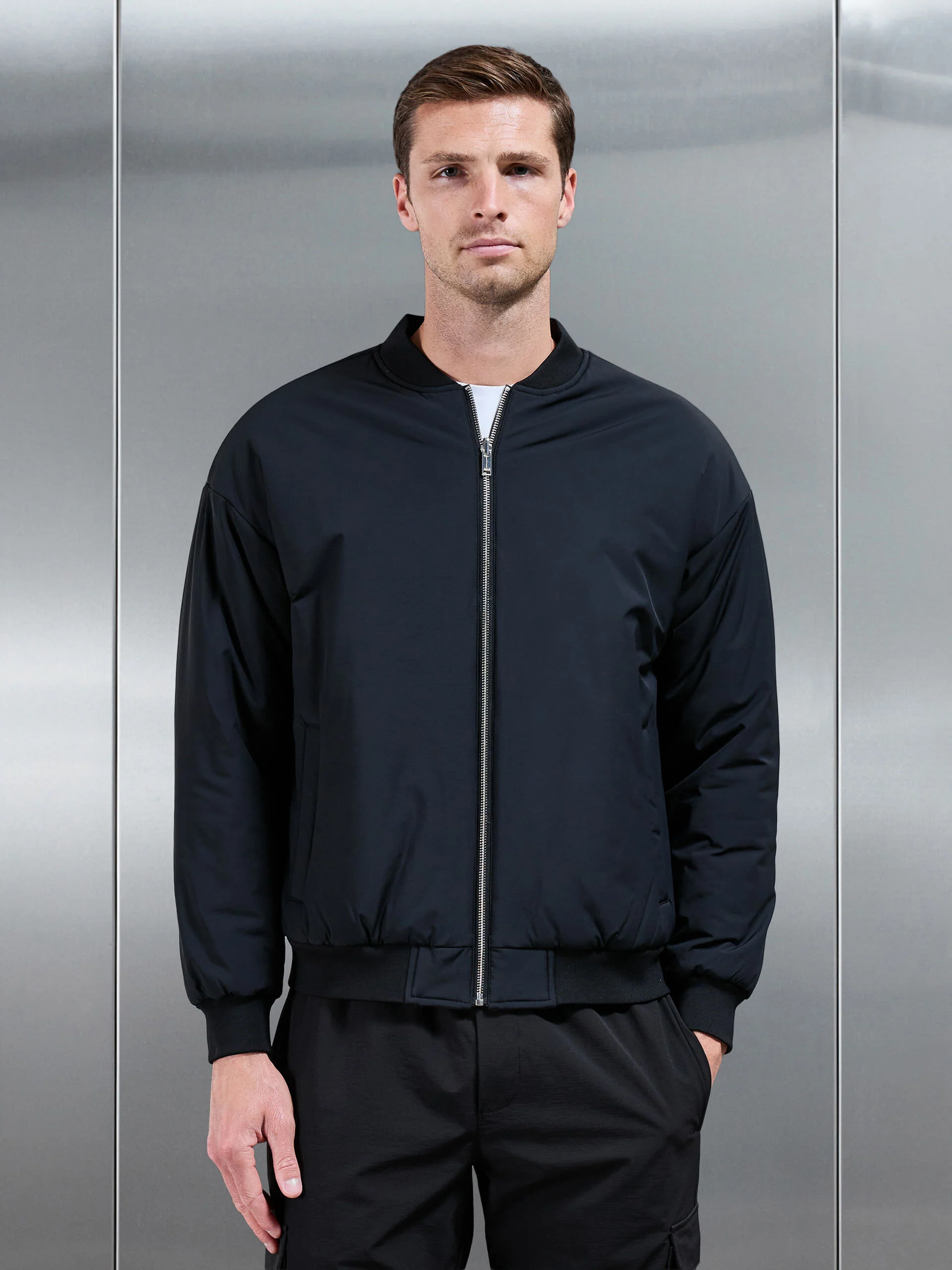 Relaxed Padded Reversible Bomber Jacket in Black Grey - Image 2