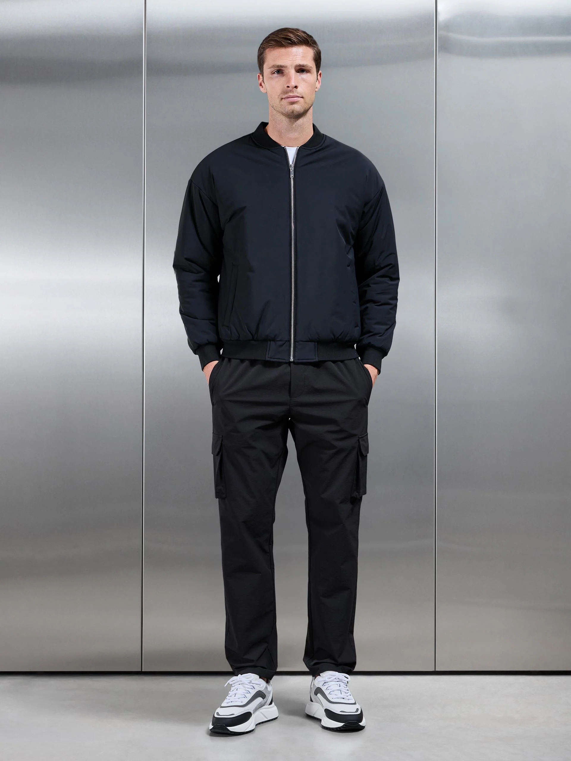 Relaxed Padded Reversible Bomber Jacket in Black Grey - Image 3