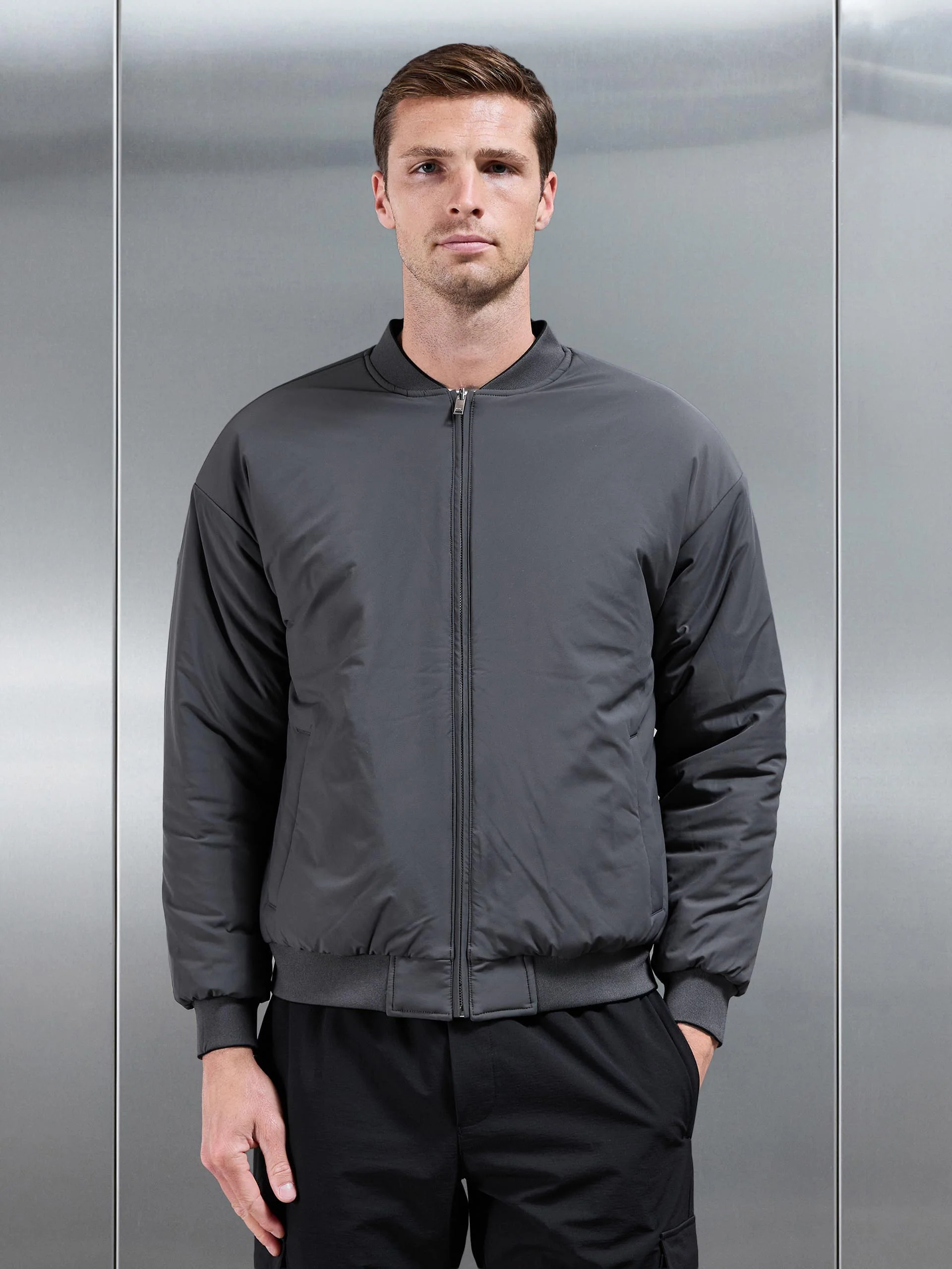 Relaxed Padded Reversible Bomber Jacket in Black Grey - Image 4