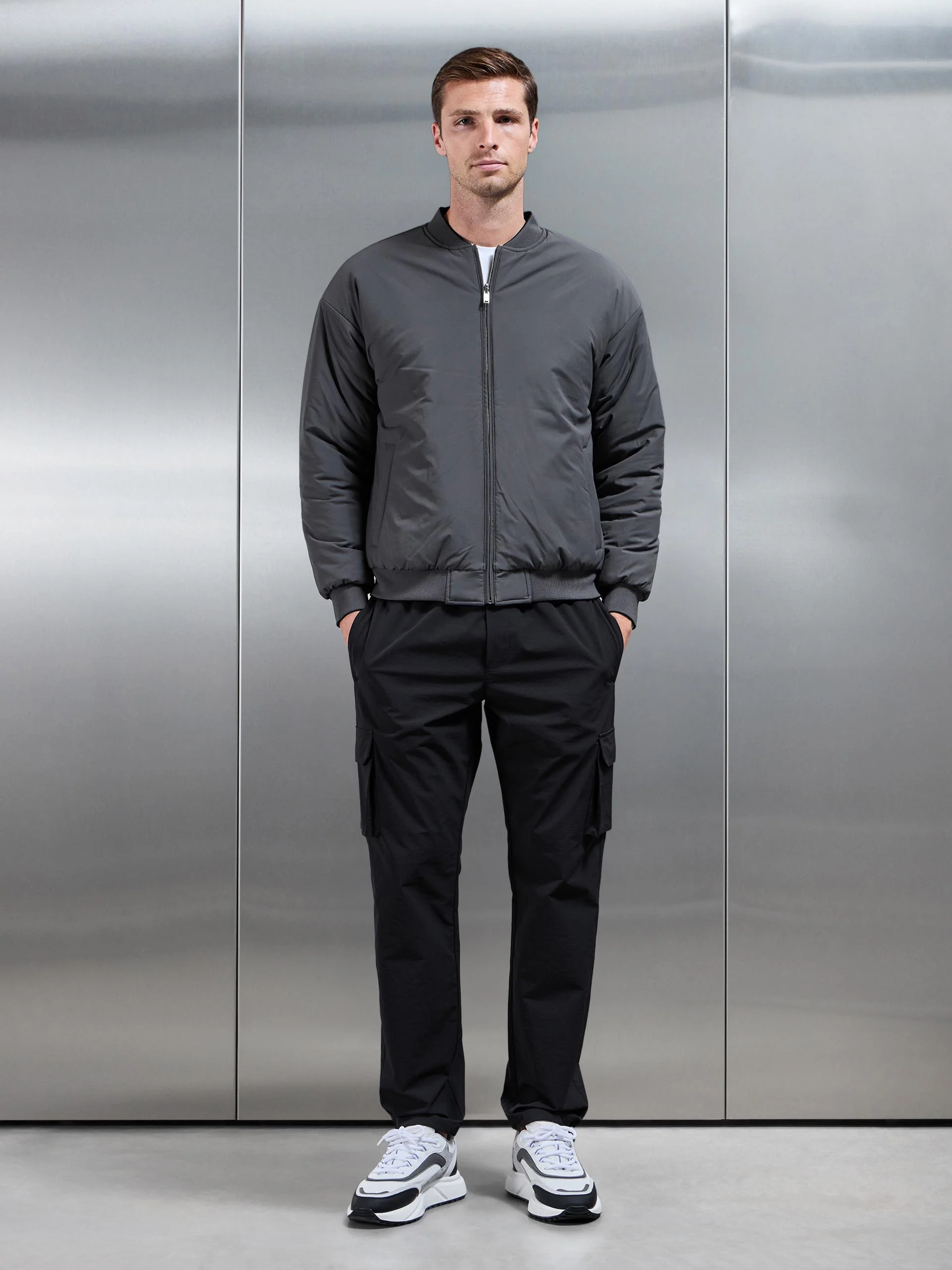 Relaxed Padded Reversible Bomber Jacket in Black Grey - Image 5