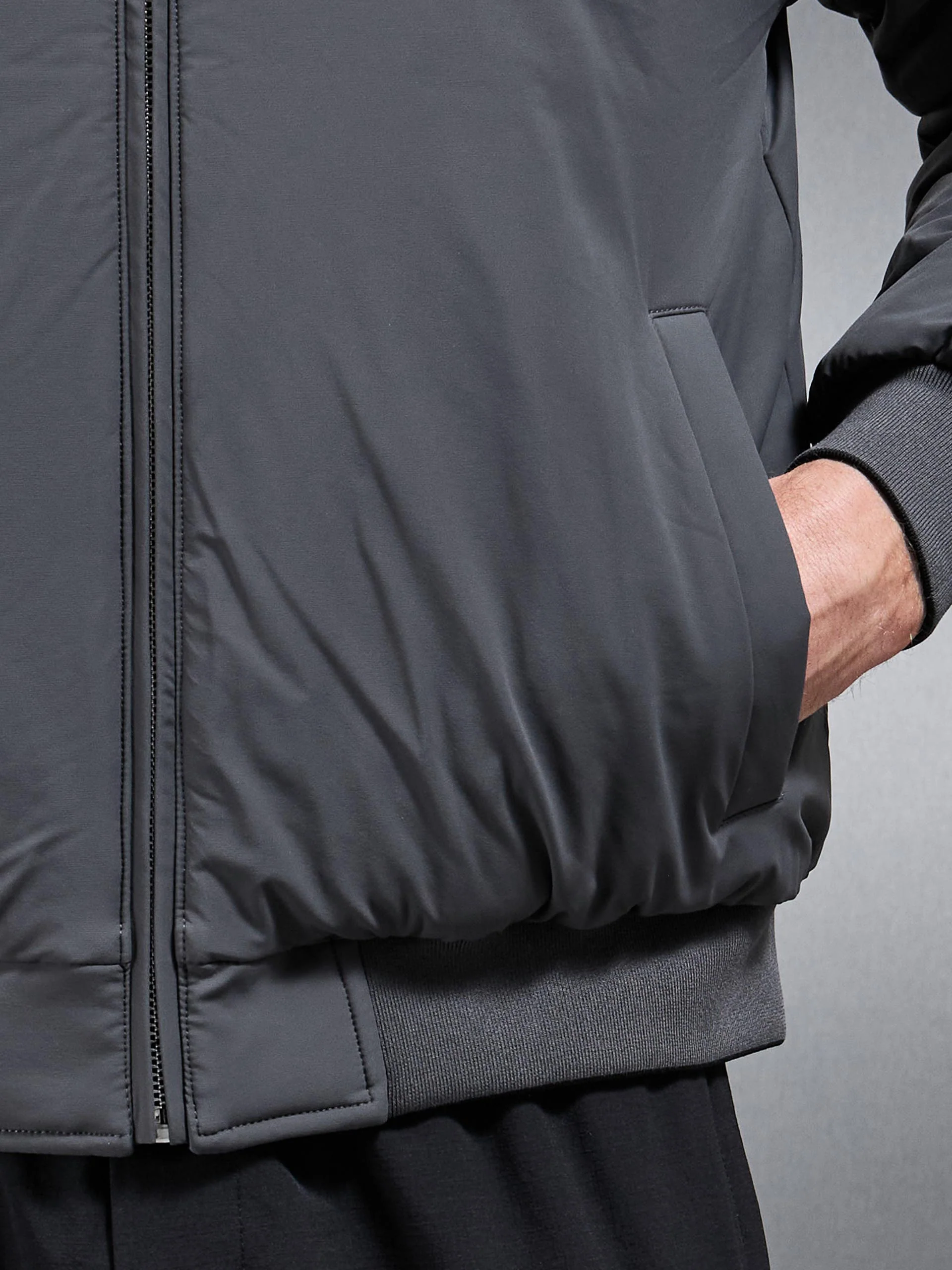 Relaxed Padded Reversible Bomber Jacket in Black Grey - Image 9