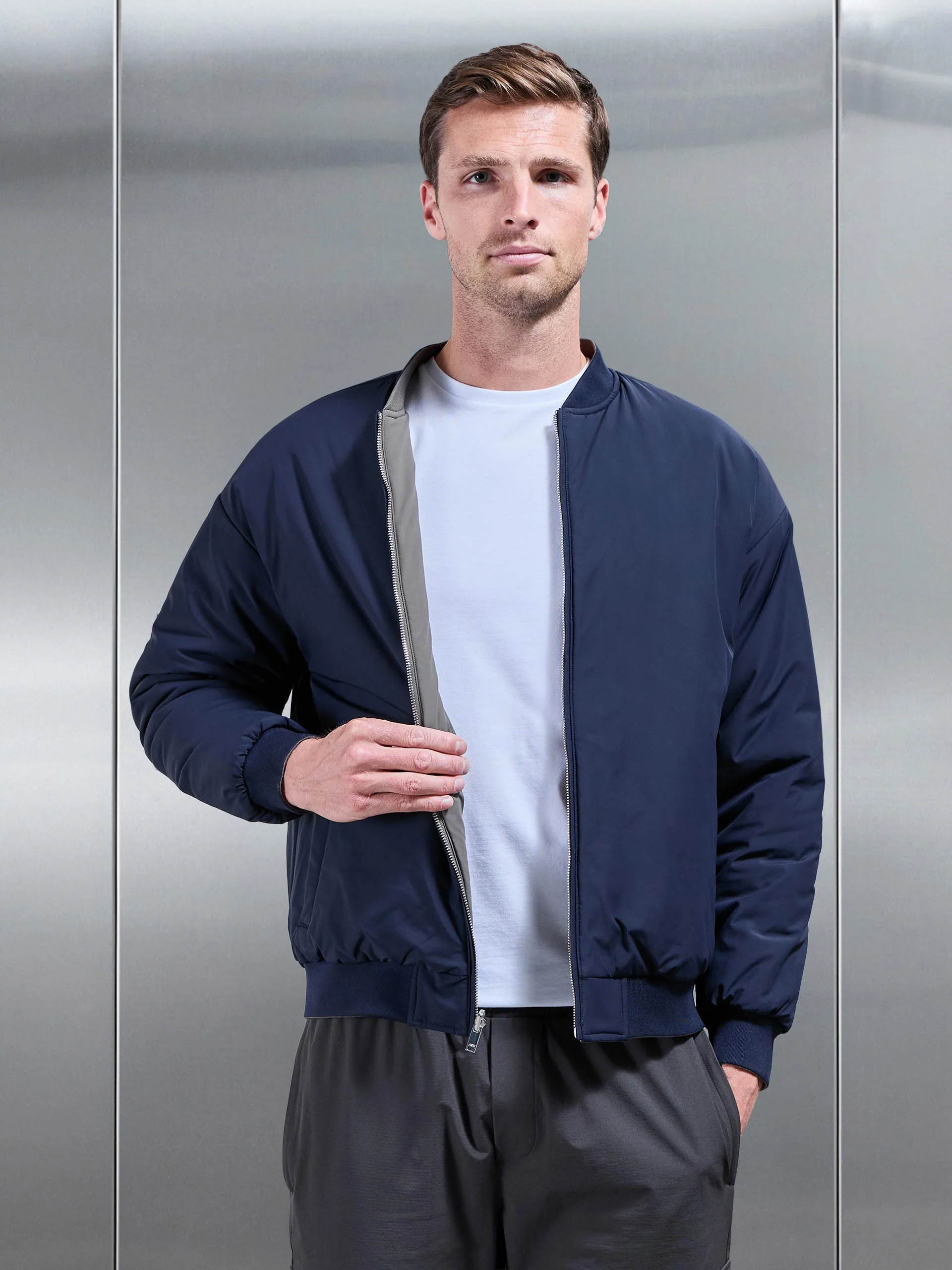 Relaxed Padded Reversible Bomber Jacket in Olive Navy - Image 10