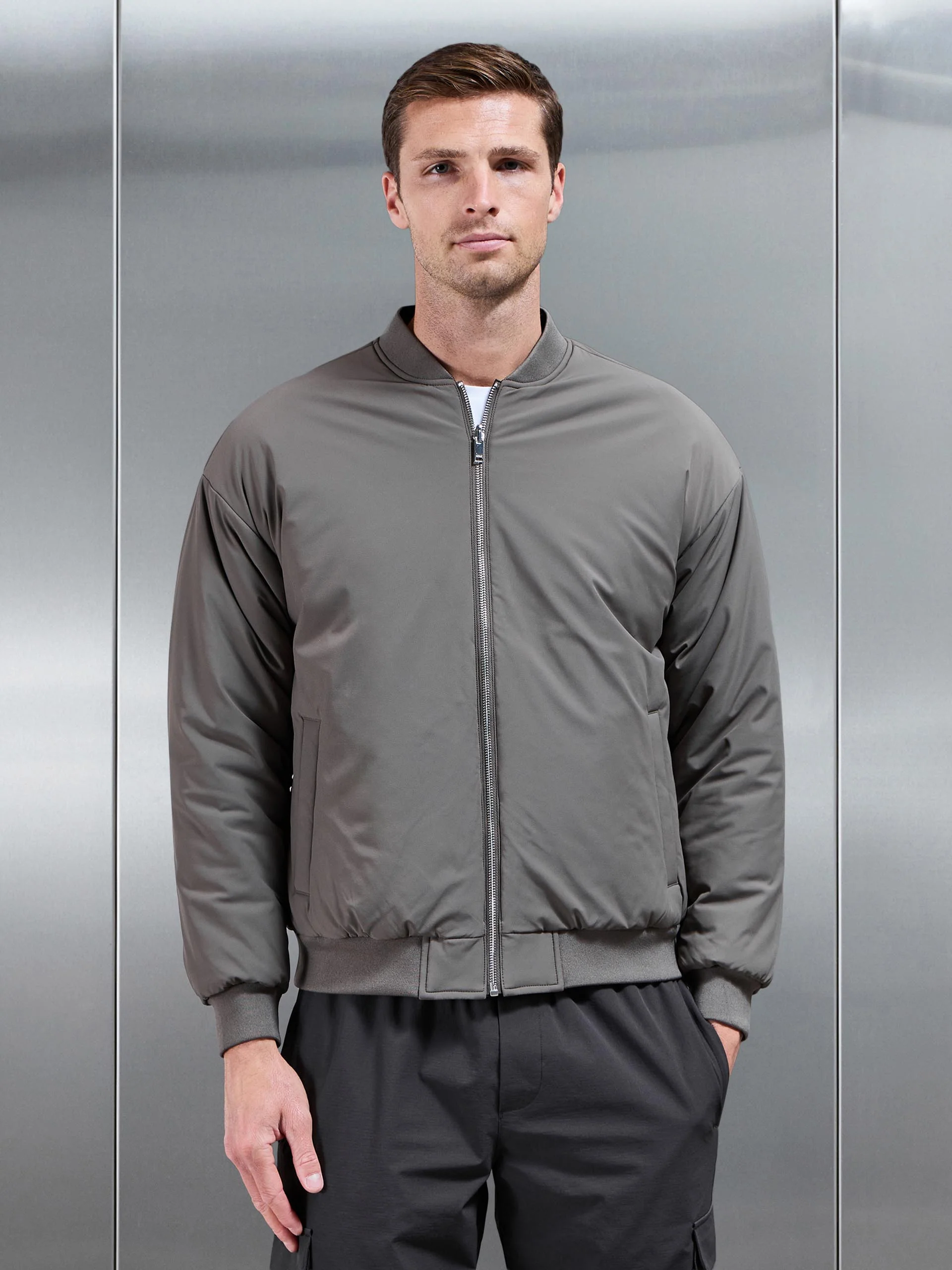 Relaxed Padded Reversible Bomber Jacket in Olive Navy - Image 2