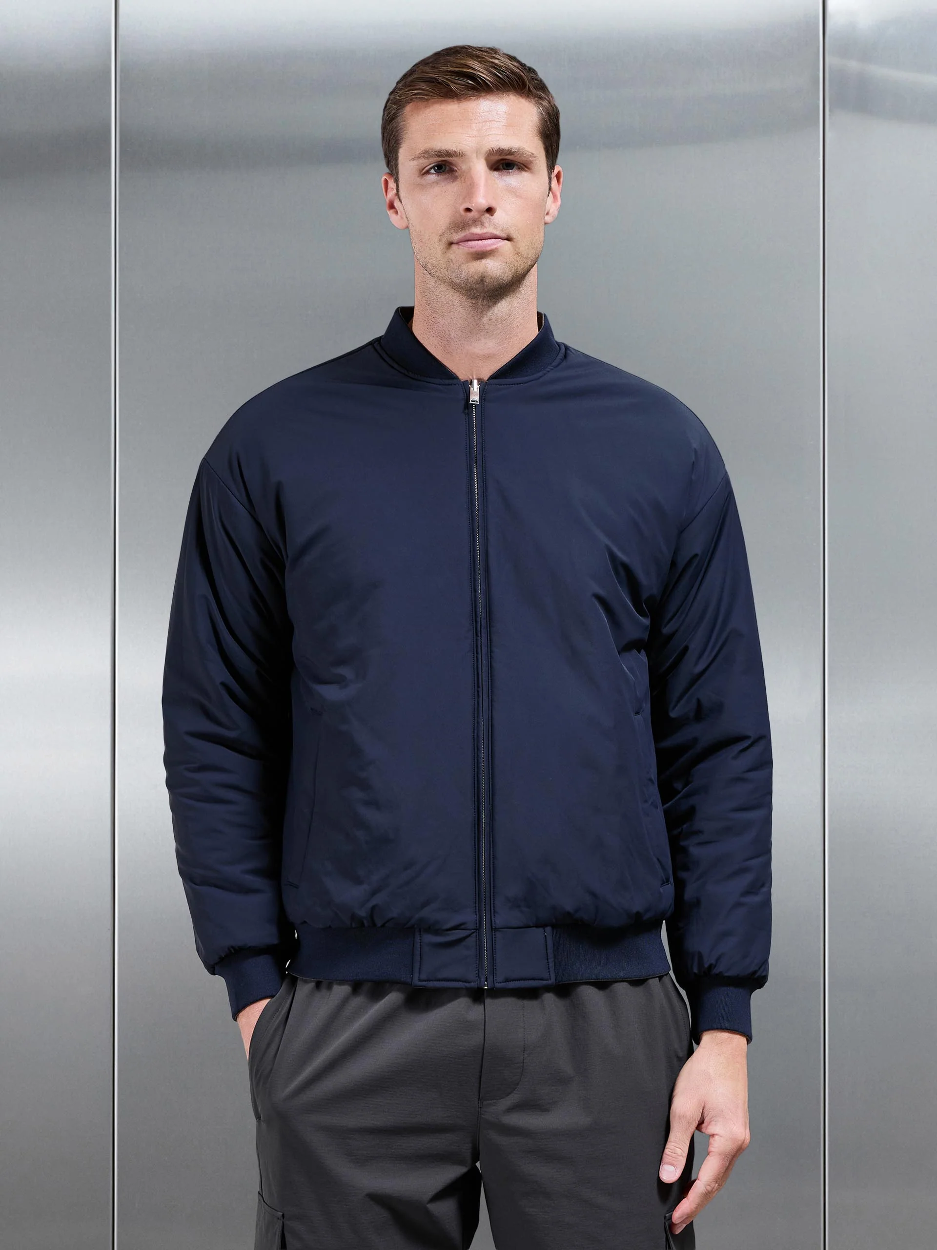 Relaxed Padded Reversible Bomber Jacket in Olive Navy - Image 3