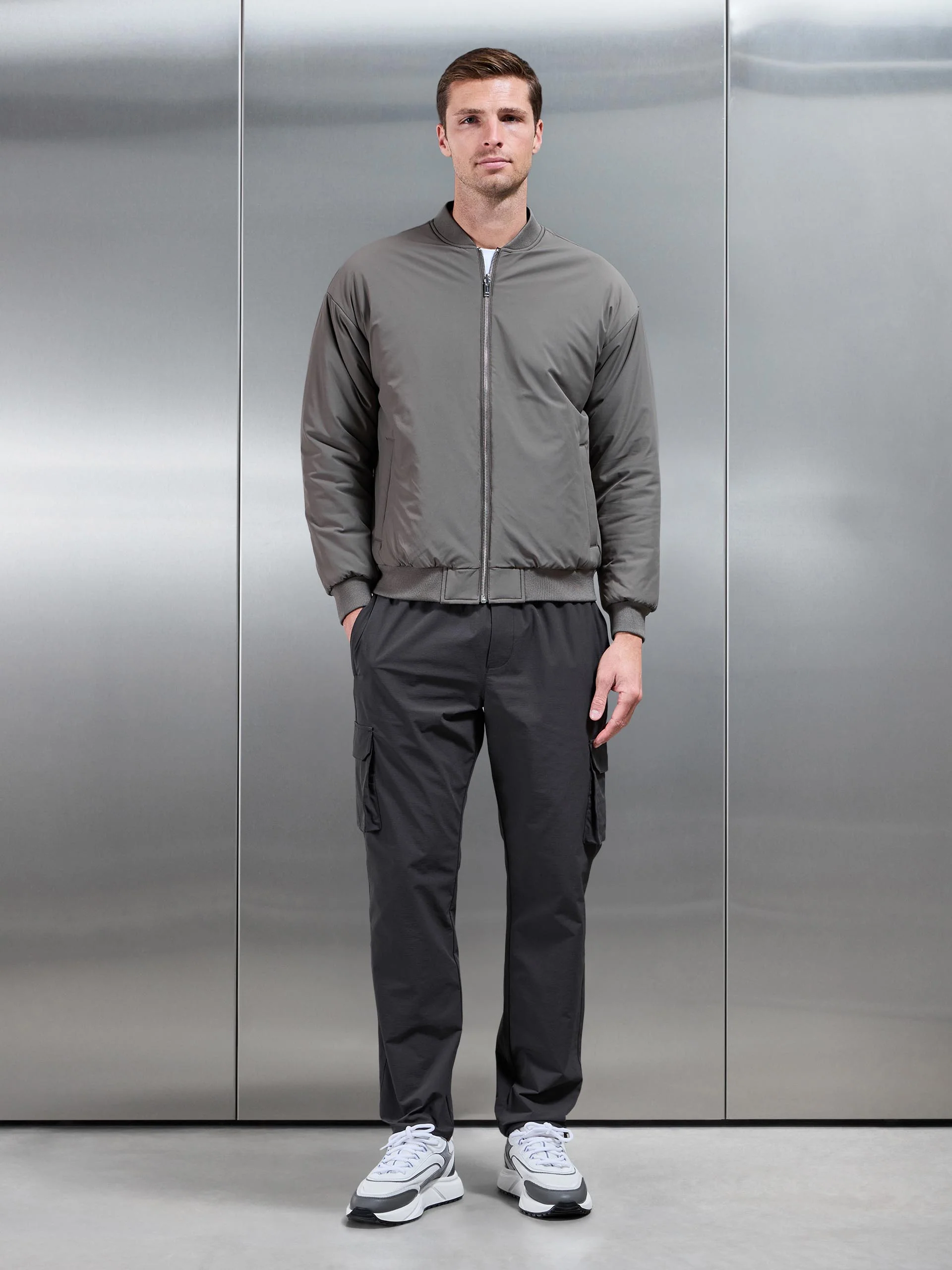 Relaxed Padded Reversible Bomber Jacket in Olive Navy - Image 4