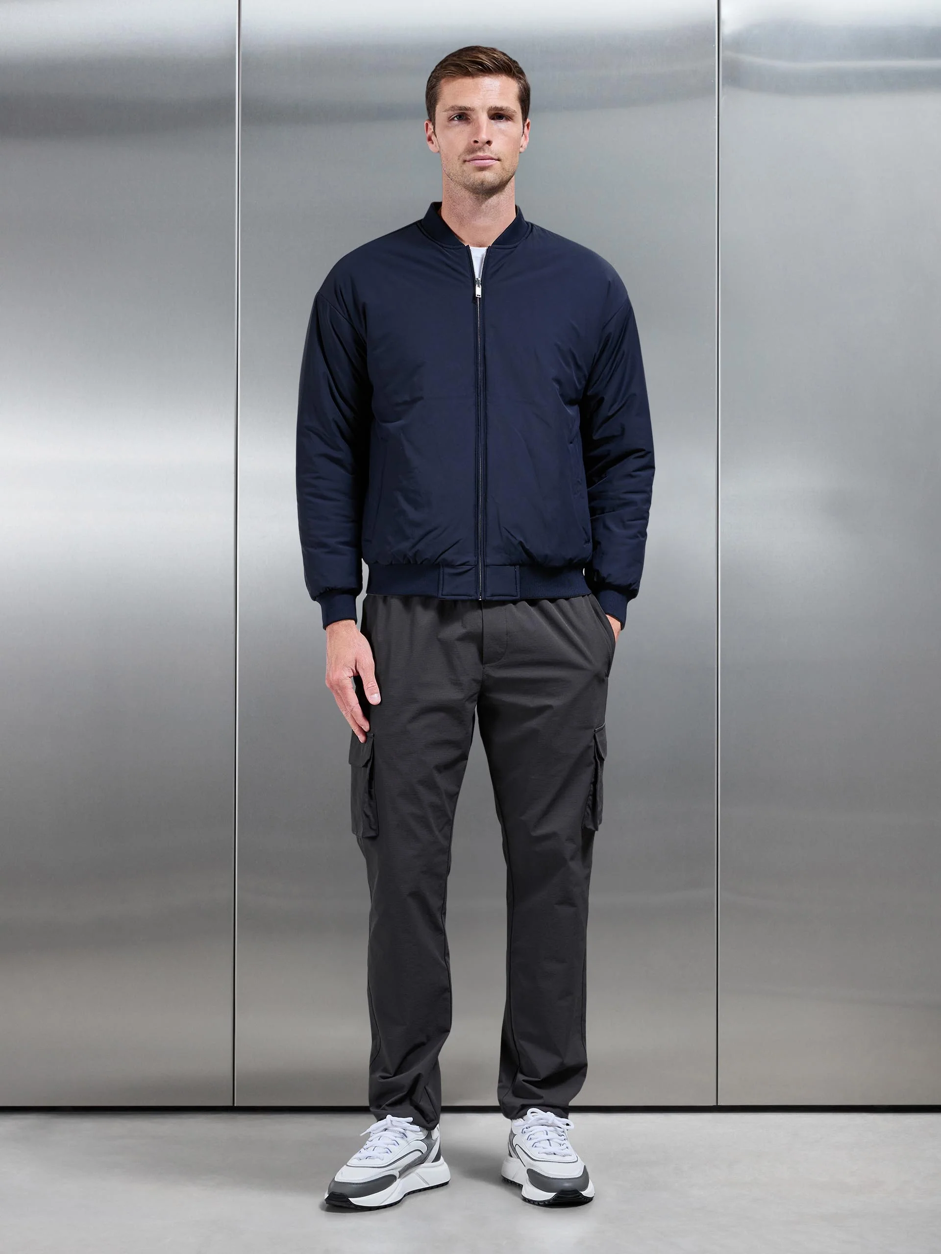 Relaxed Padded Reversible Bomber Jacket in Olive Navy - Image 5