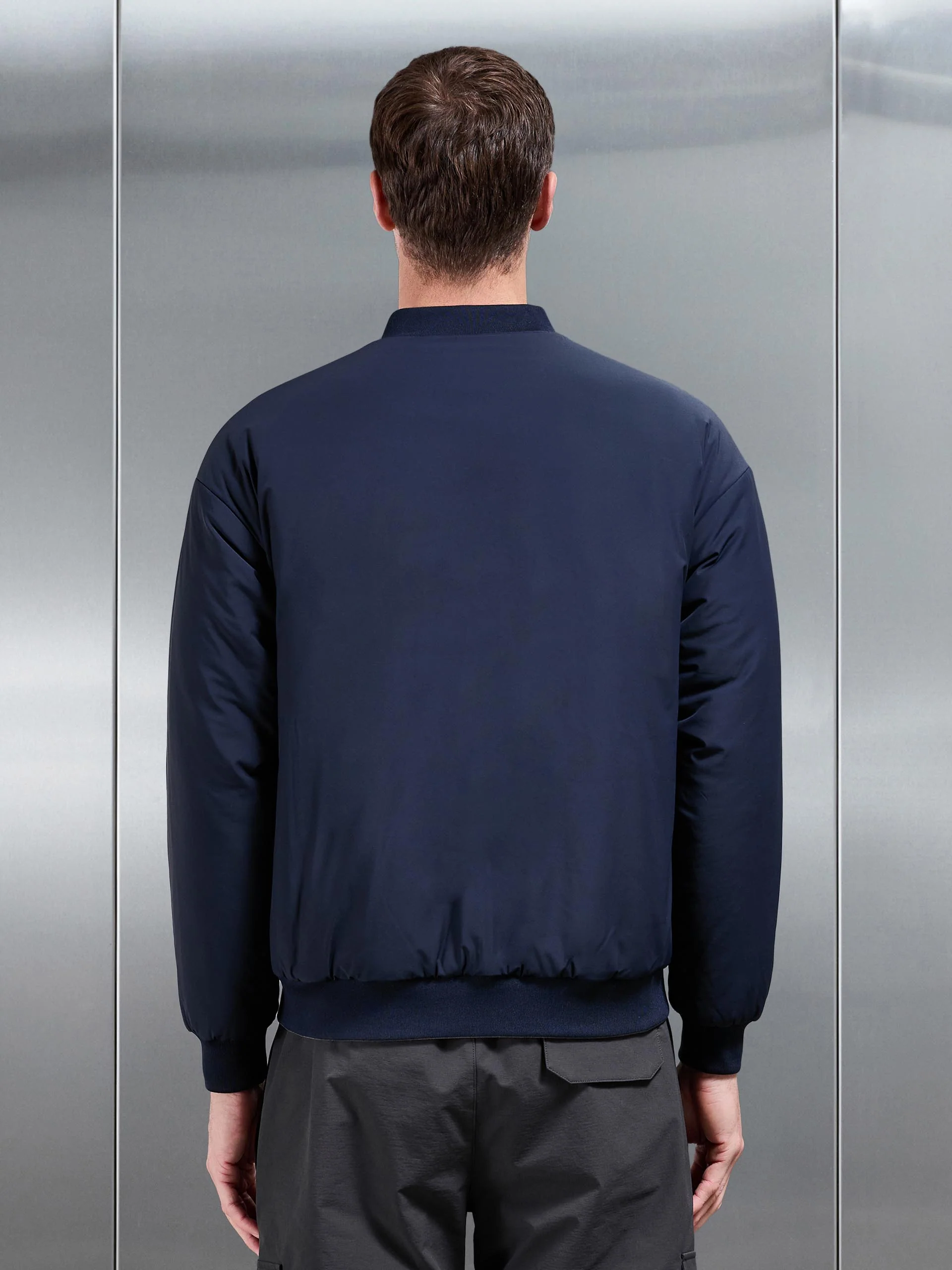 Relaxed Padded Reversible Bomber Jacket in Olive Navy - Image 7