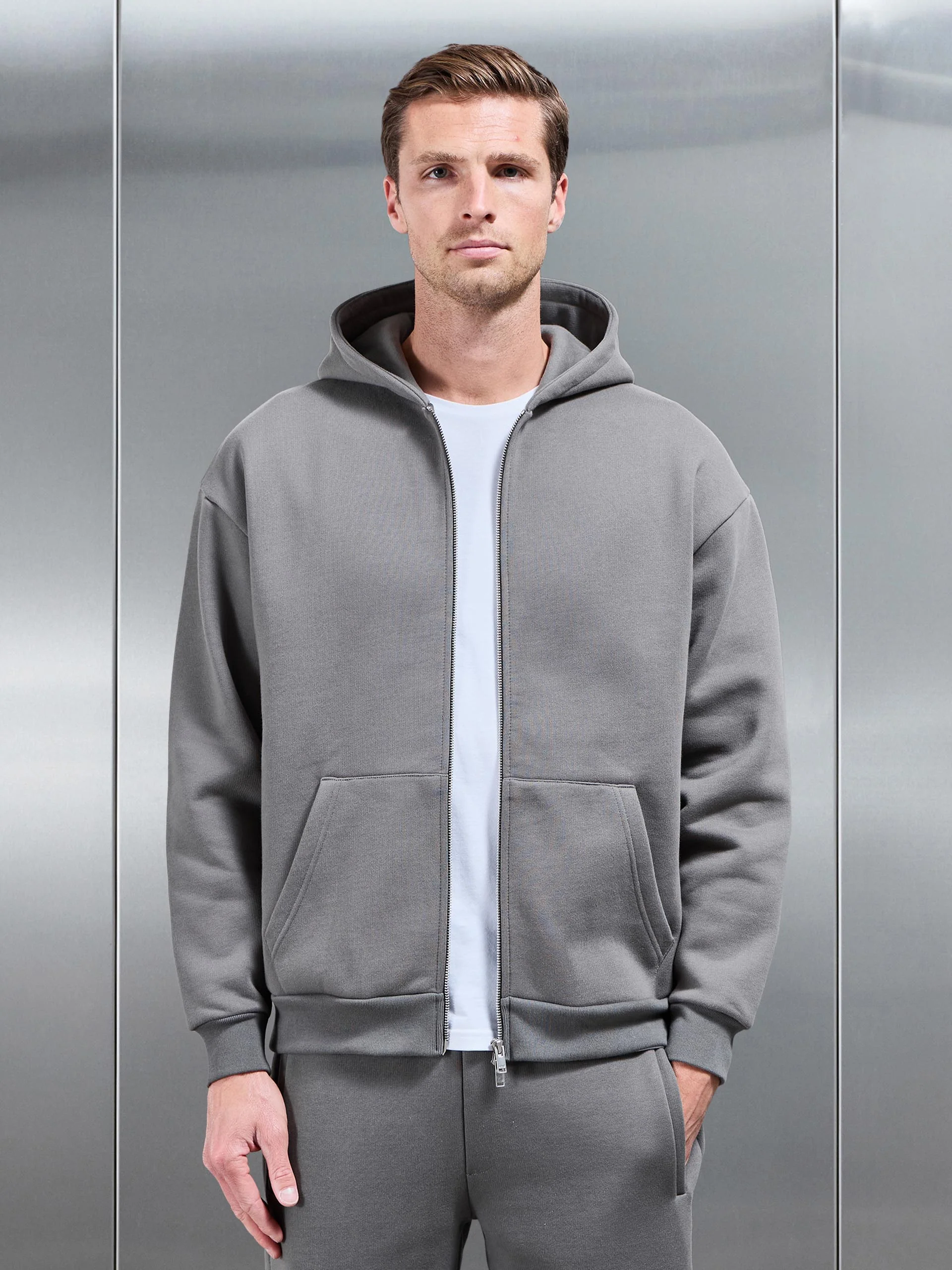Relaxed Zip Through Hoodie in Grey - Image 7