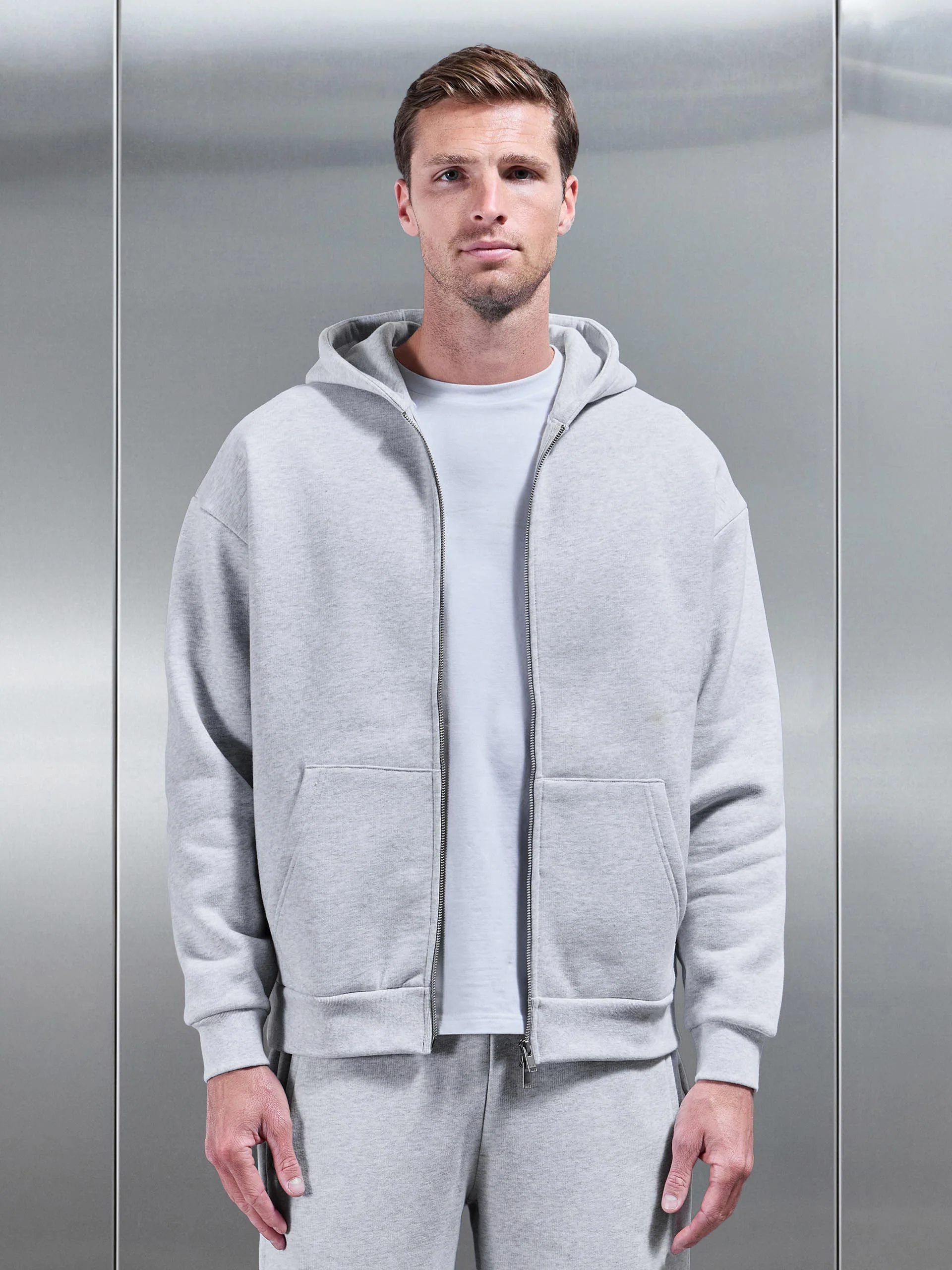 Relaxed Zip Through Hoodie in Marl Grey - Image 6