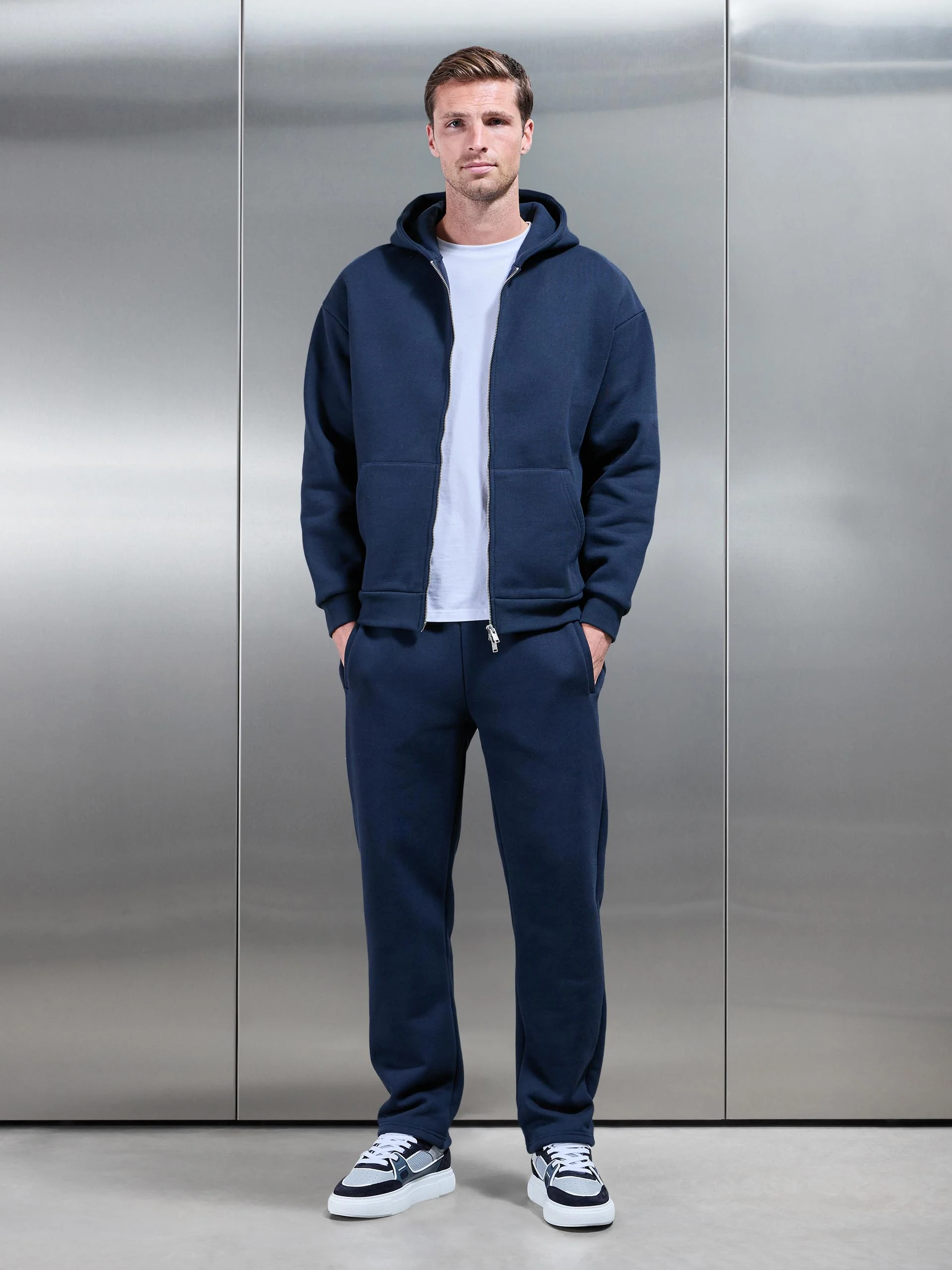 Relaxed Zip Through Hoodie in Navy - Image 2