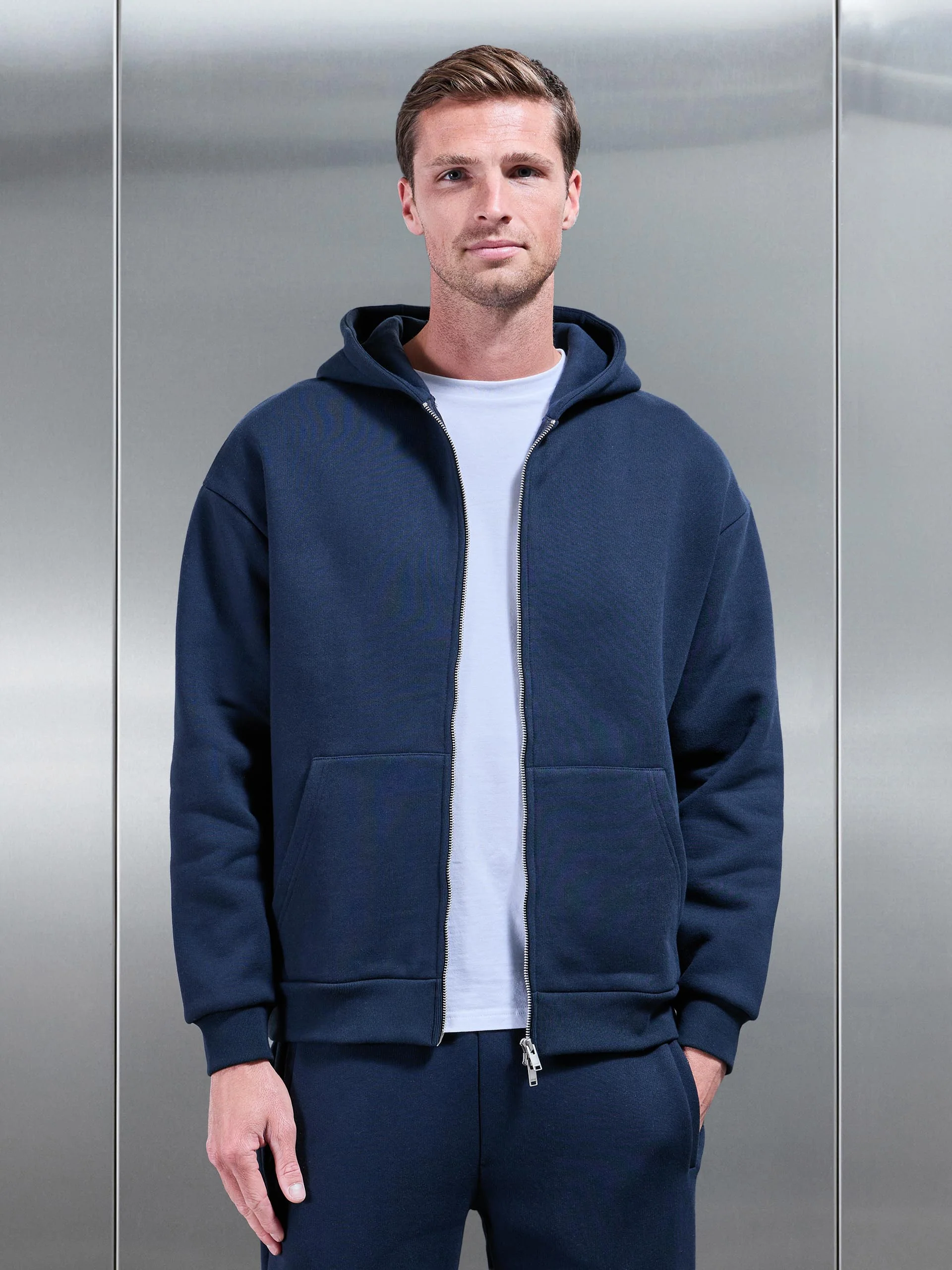 Relaxed Zip Through Hoodie in Navy - Image 7
