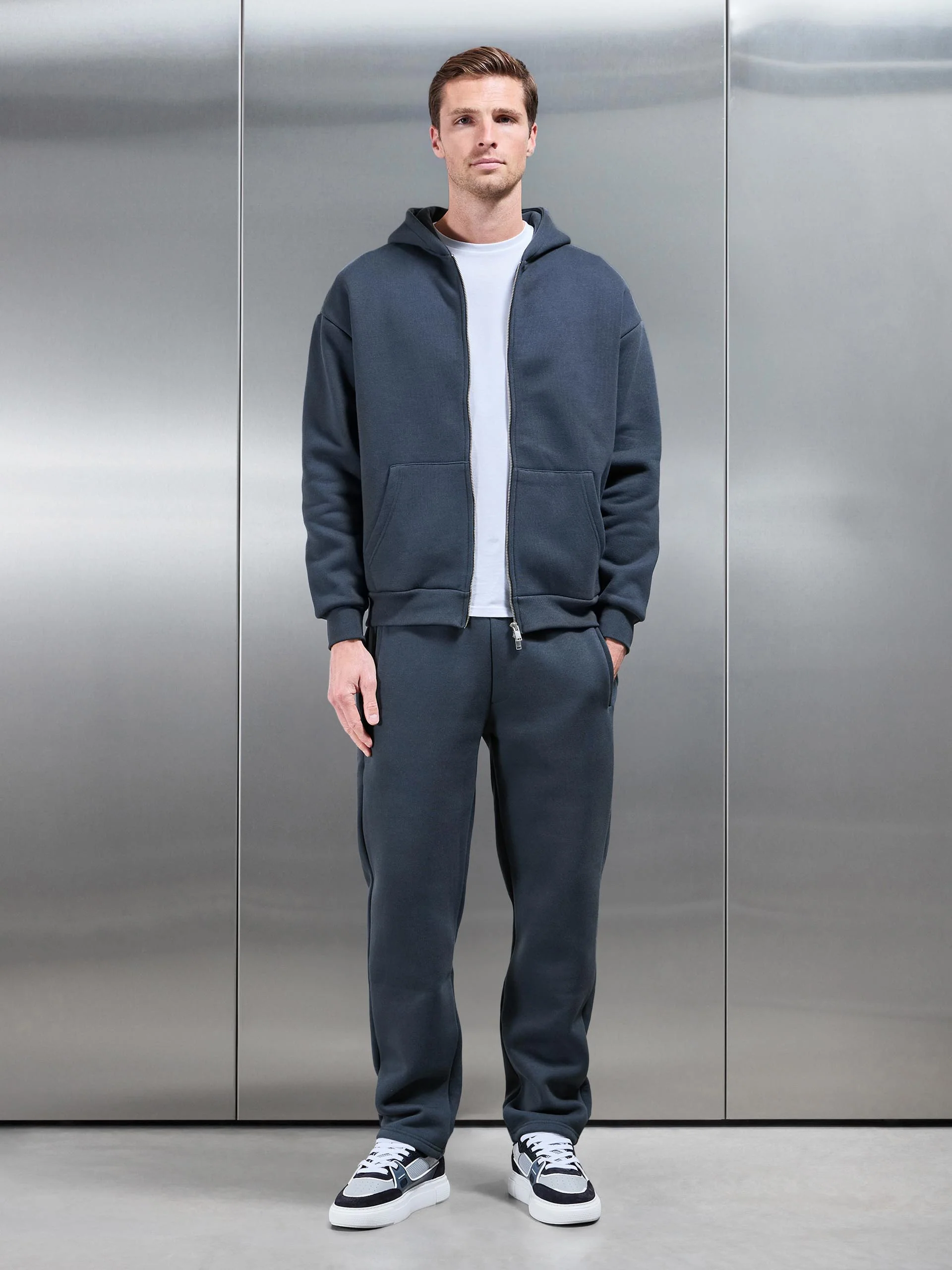 Relaxed Zip Through Hoodie in Slate Blue - Image 2
