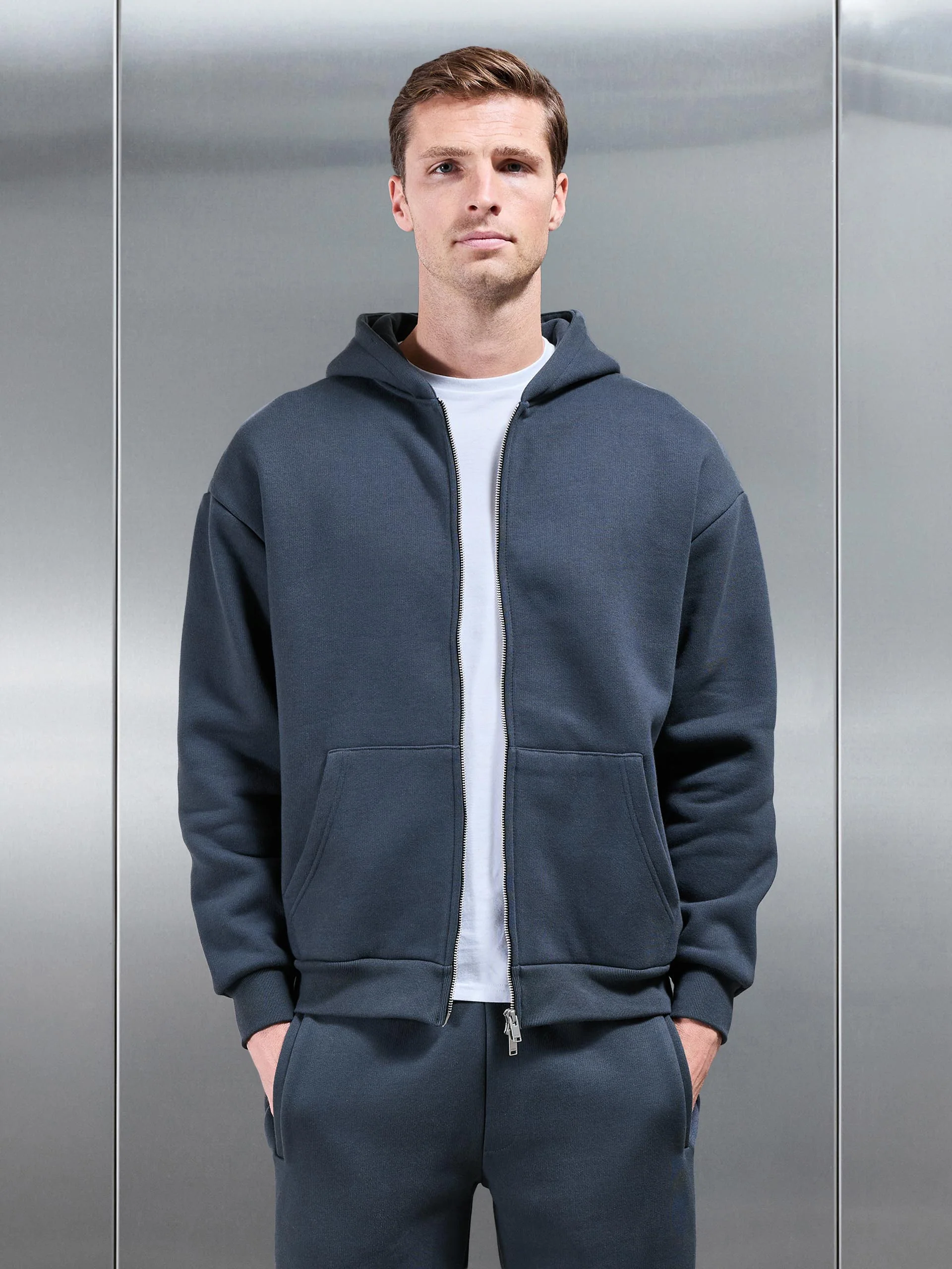 Relaxed Zip Through Hoodie in Slate Blue - Image 6
