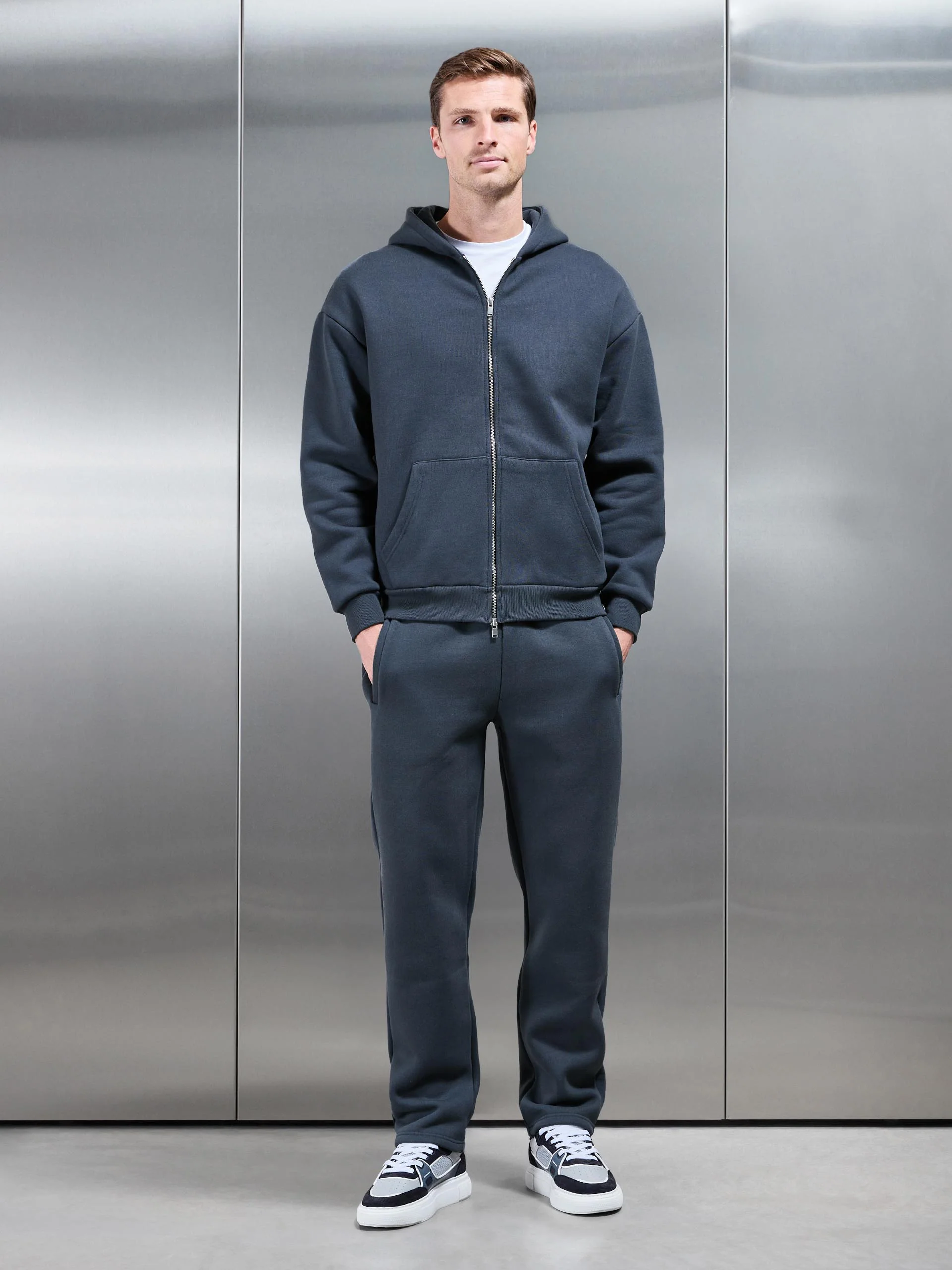 Relaxed Zip Through Hoodie in Slate Blue - Image 7
