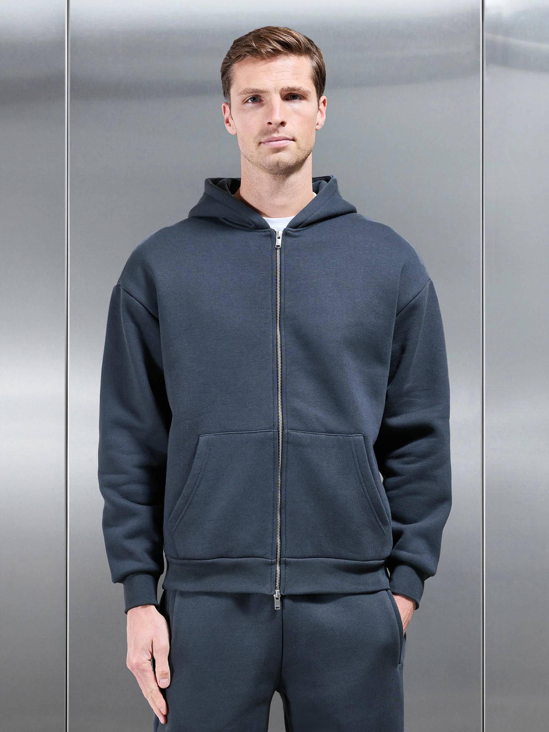 Relaxed Zip Through Hoodie in Slate Blue - Image 8