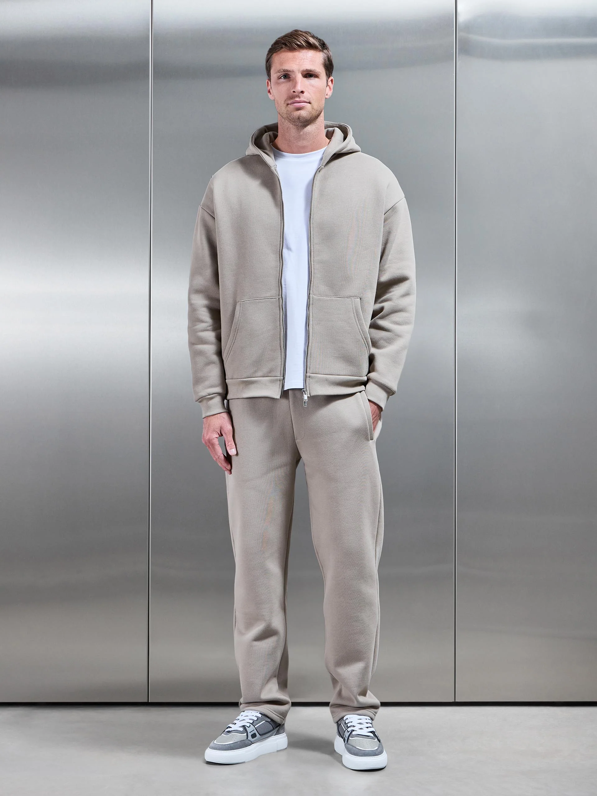 Relaxed Zip Through Hoodie in Stone - Image 3