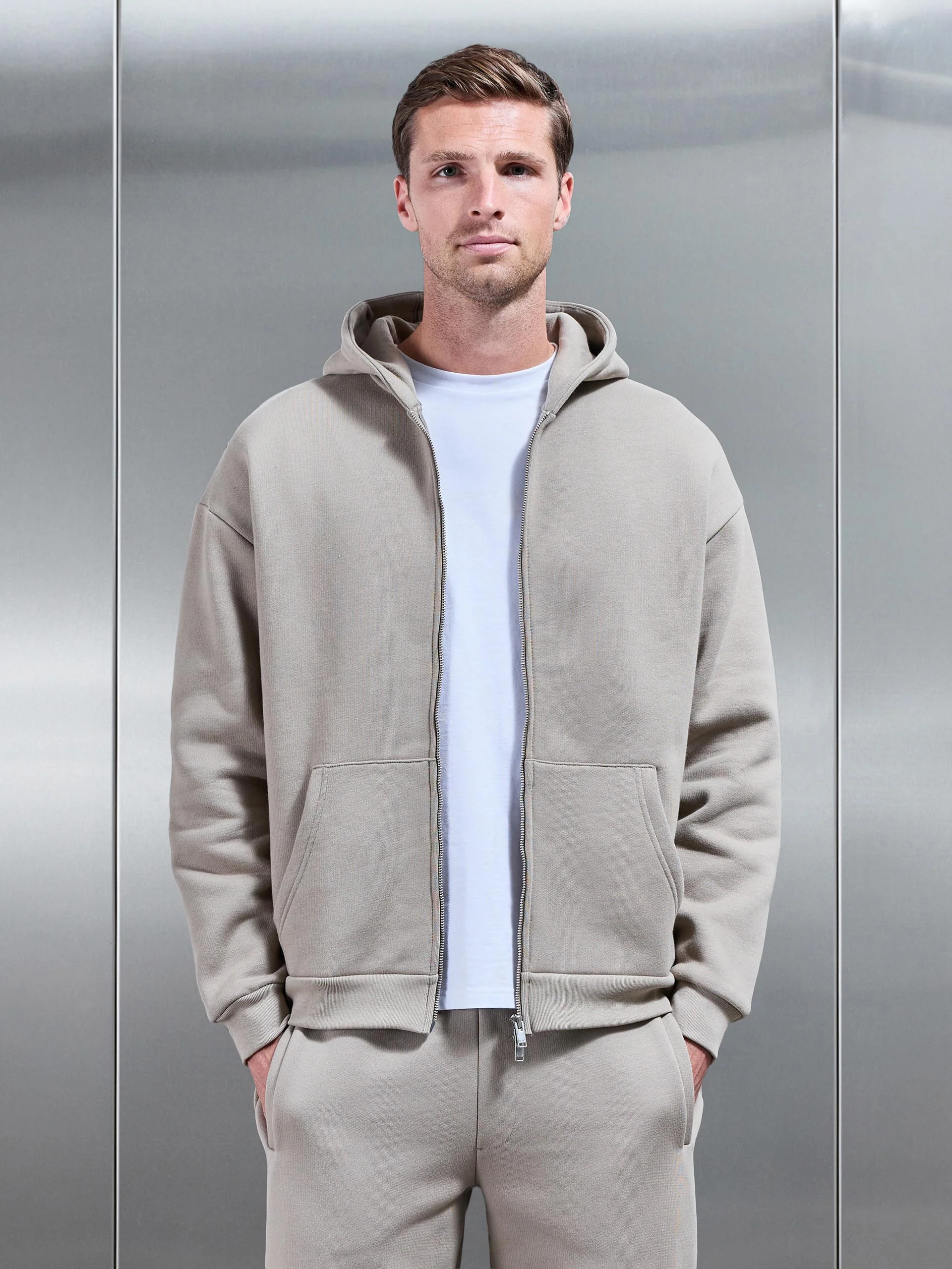 Relaxed Zip Through Hoodie in Stone - Image 8
