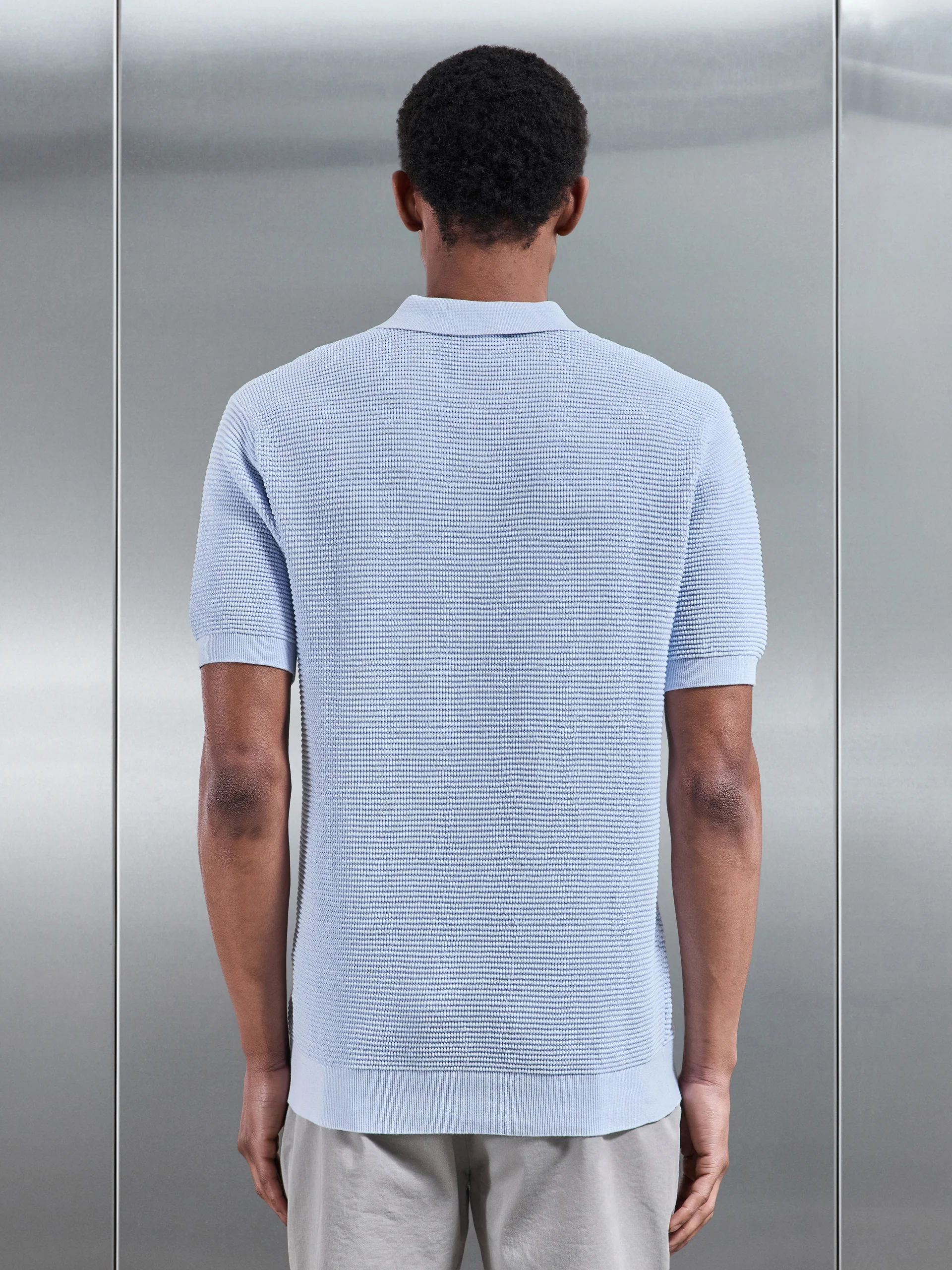 Ribbed Button Polo Shirt in Light Blue - Image 3