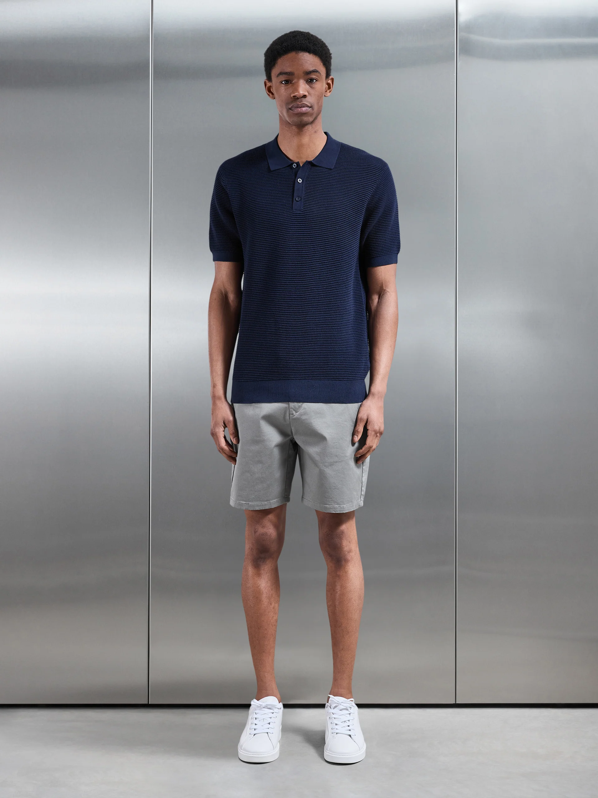 Ribbed Button Polo Shirt in Navy - Image 2