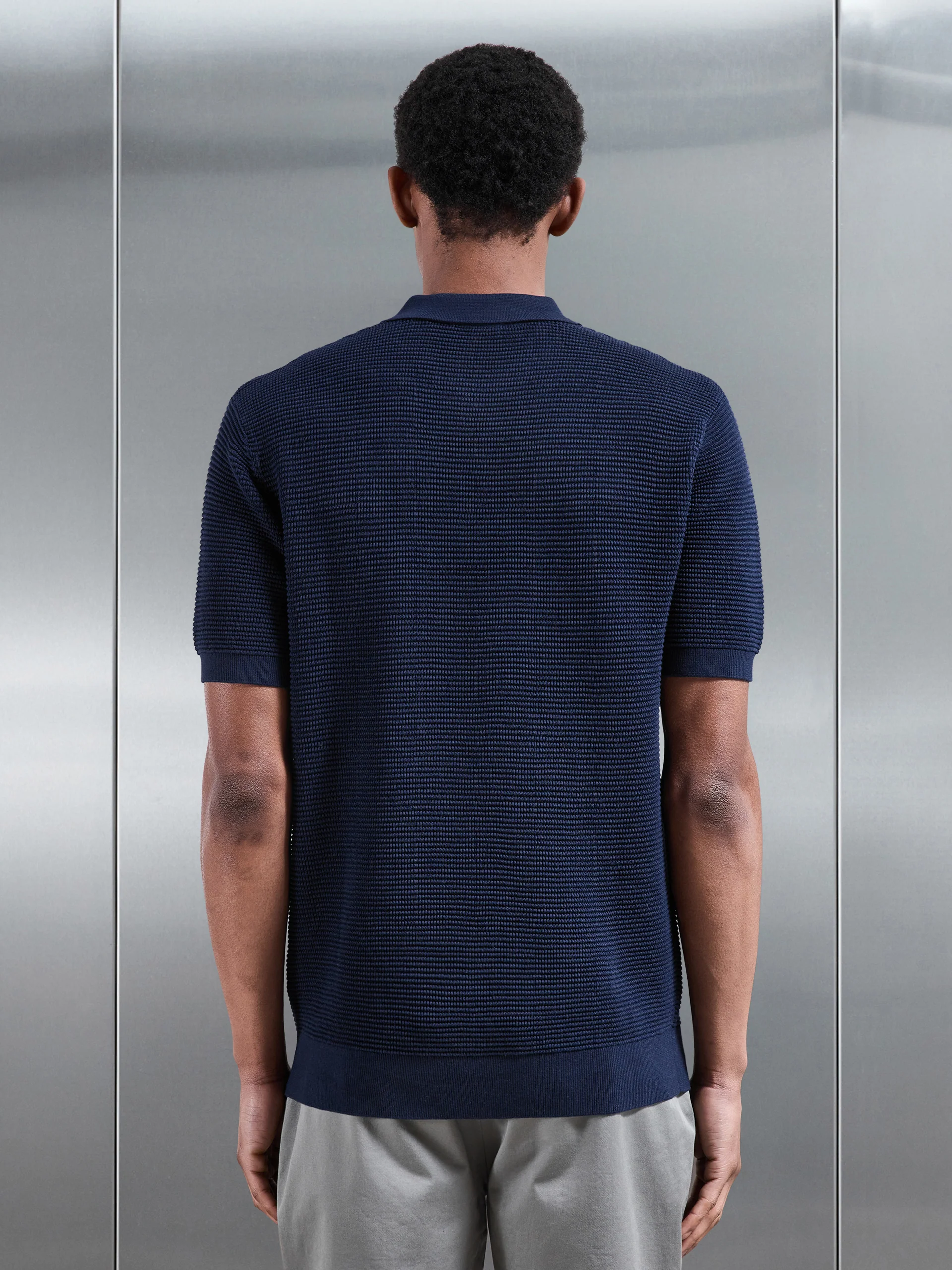 Ribbed Button Polo Shirt in Navy - Image 3