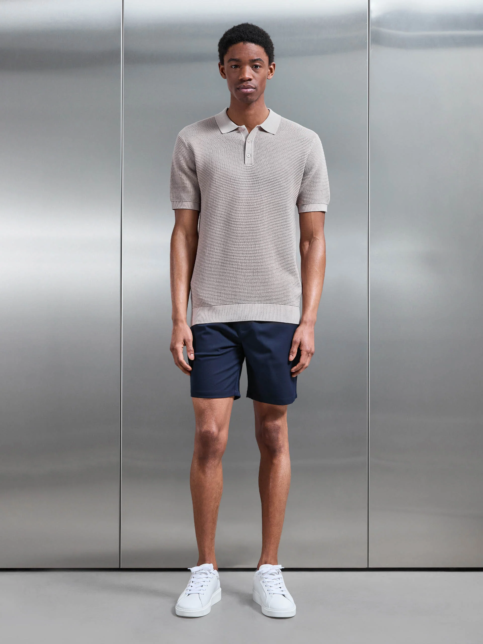 Ribbed Button Polo Shirt in Stone - Image 2