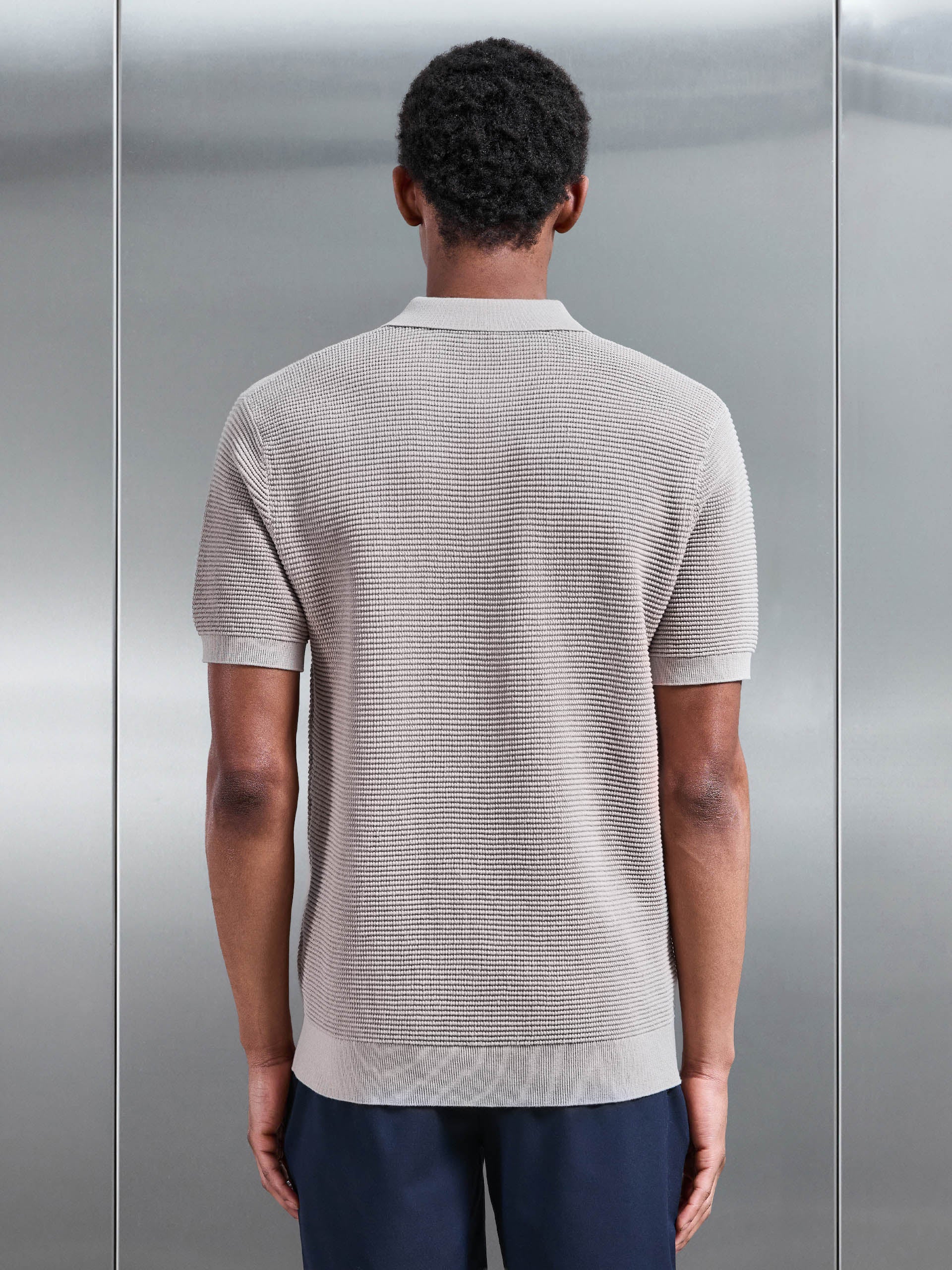 Ribbed Button Polo Shirt in Stone - Image 3