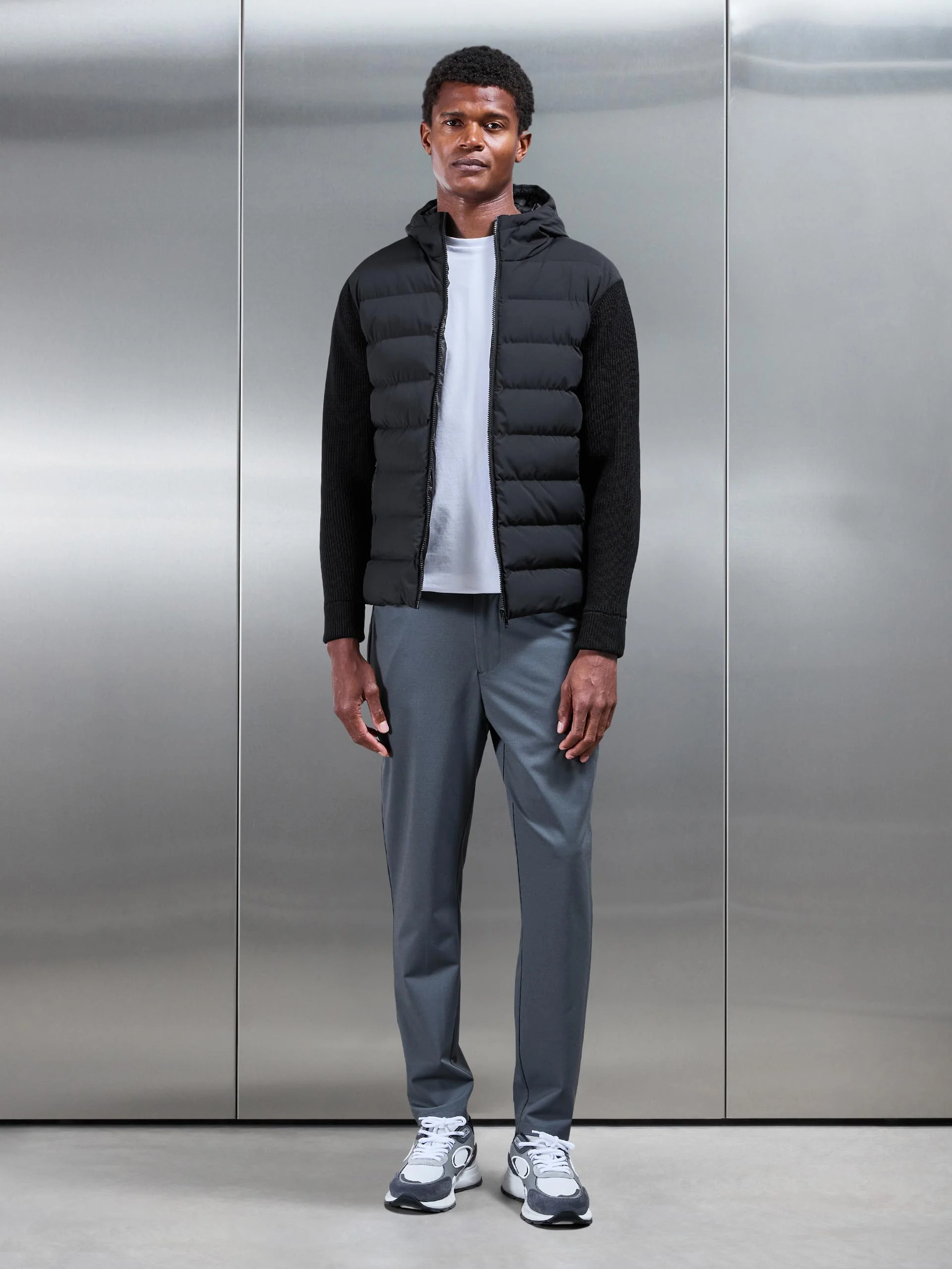 Ribbed Knit Hybrid Puffer Windbreaker in Black - Image 2