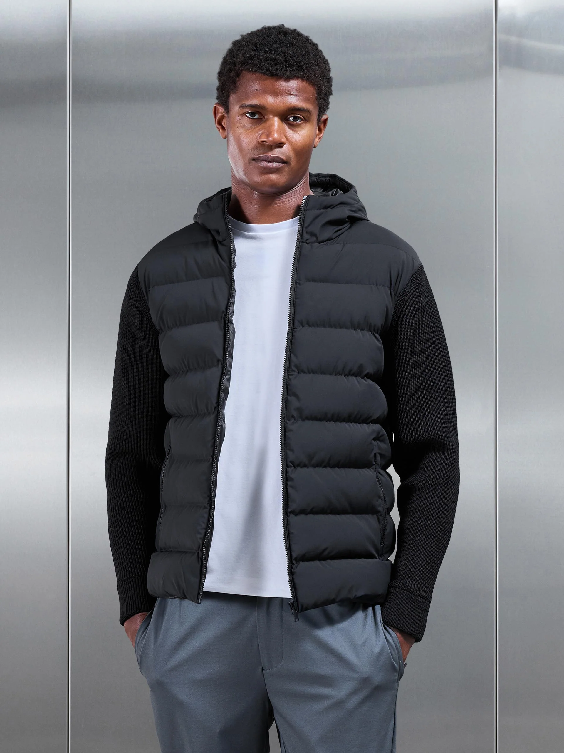 Ribbed Knit Hybrid Puffer Windbreaker in Black - Image 6